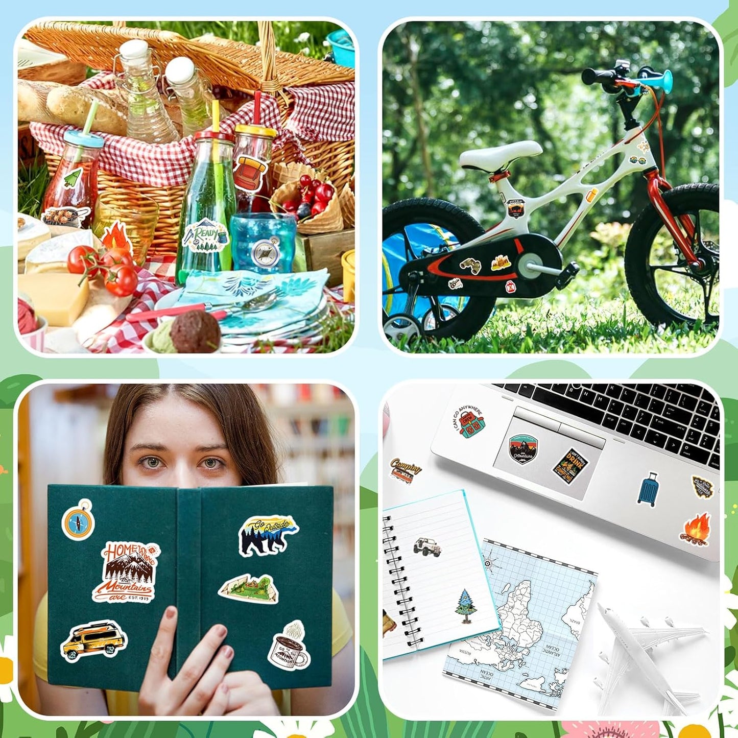 Cool Camping Adhesive Stickers 670 Counts Adventure Hiking Stickers for Adults Birthday Invitations Decorations Party Goodie Gifts Bags Decor School Game Class Rewards Water Bottle Sticker