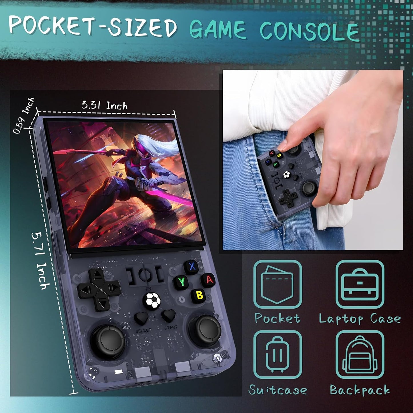 R36MAX Handheld Game Console, 40000+ Games Retro Gaming Console, 256GB TF Card Mini Retro Video Console, 4000mAh Rechargeable 4.0" IPS HD Screen Portable Pocket Arcade (Transparent Grey)