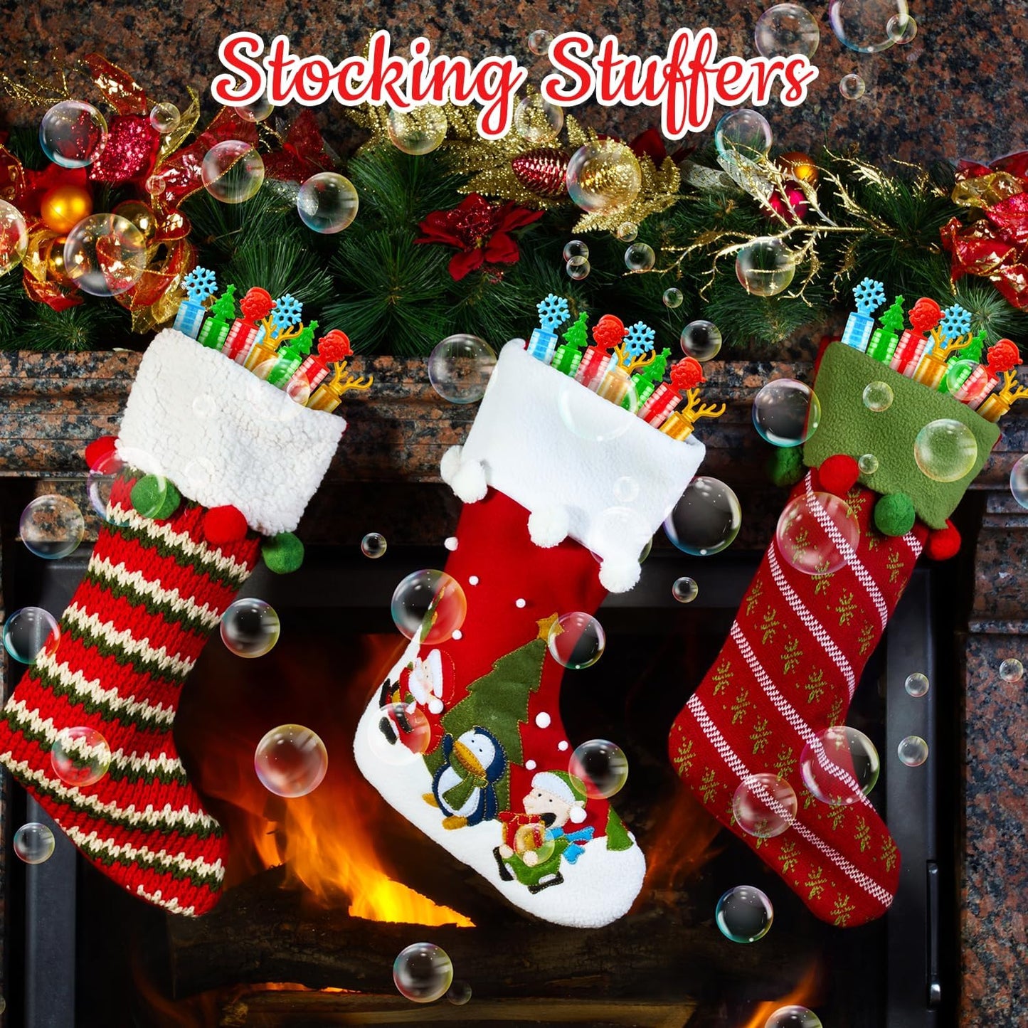 Christmas Party Favors Goodie Bags Stocking Stuffers for Kids 32 Pack, Small Mini Bubbles Wand Toys Gifts for Toddlers, Christmas School Classroom Party Supplies Prizes Treats Trinkets for Students