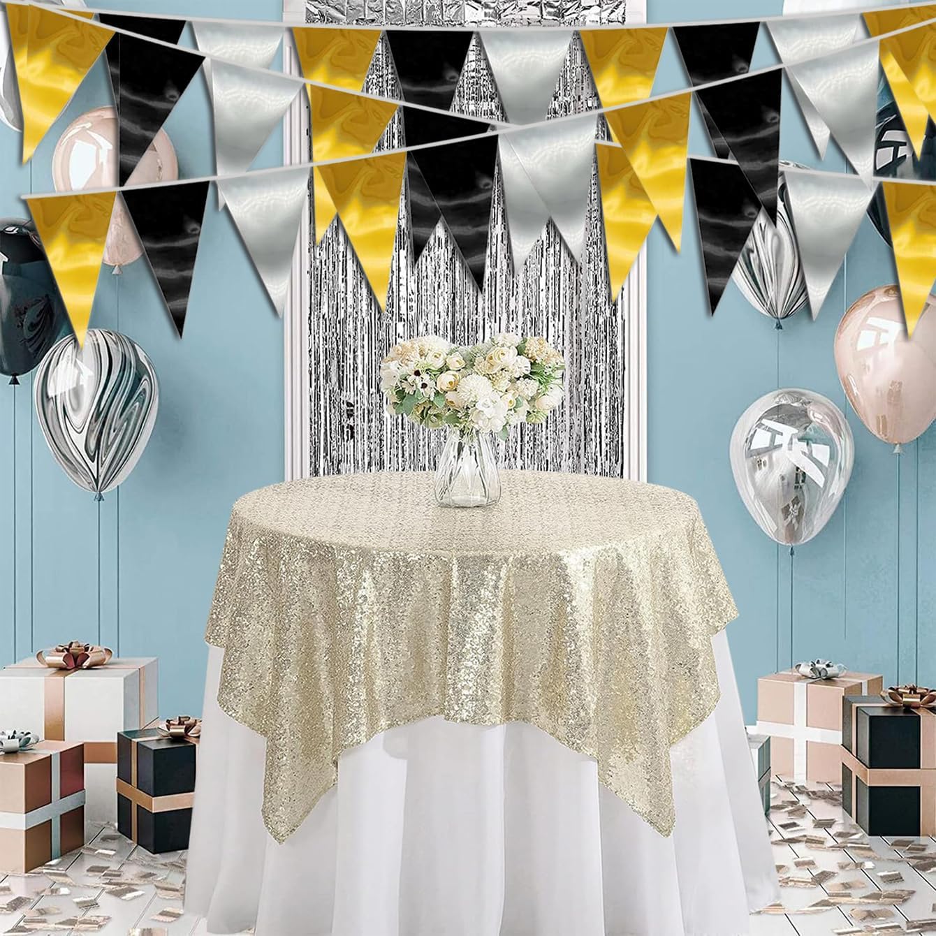 40M/130FT Black Gold Silver Triangle Pennant Banner Flag Metallic Fabric Bunting Garland for Christmas Wall Hanging,Graduation Decorations, New Years Decorations,Father' Da