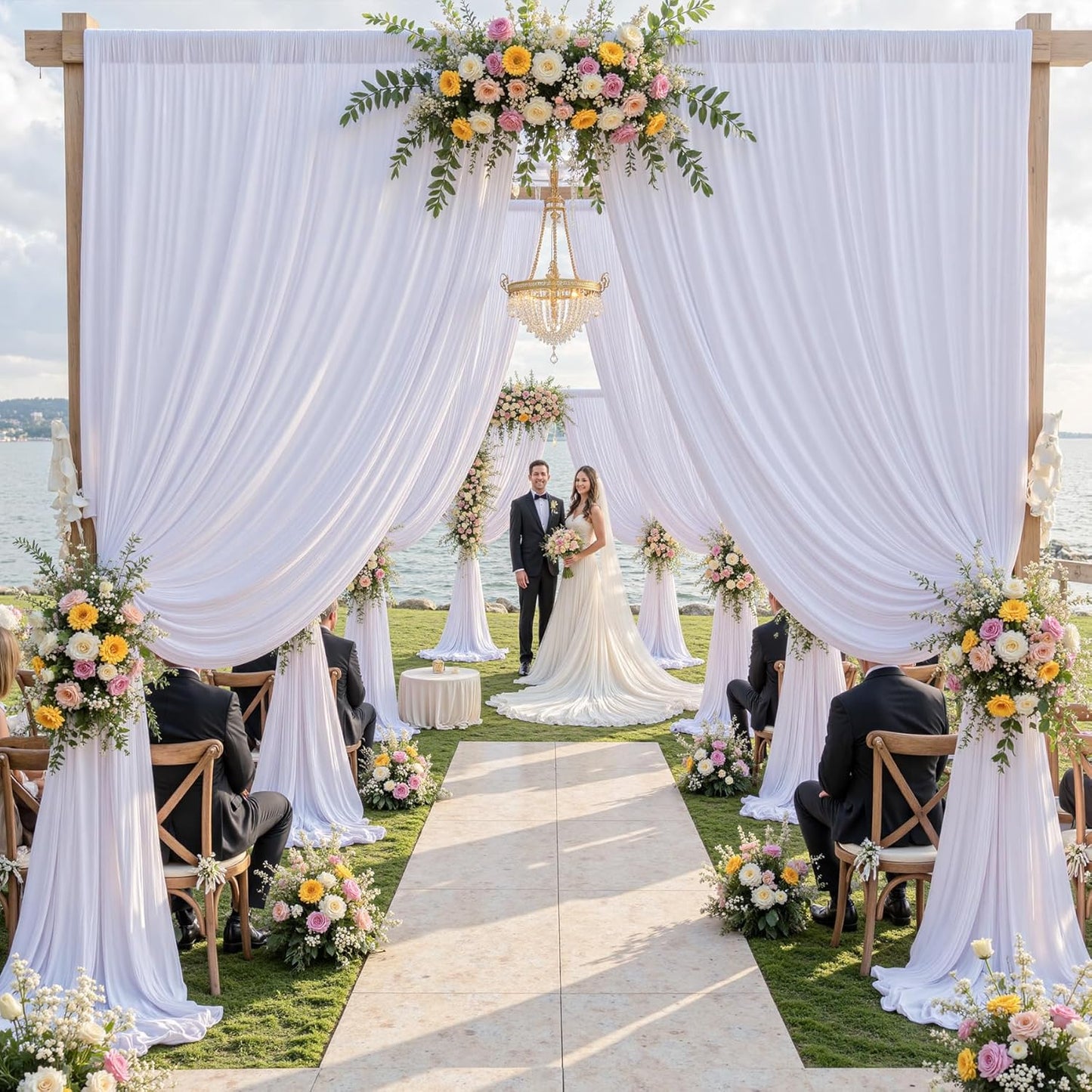 10×14 ft Wrinkle Free White Backdrop Curtain for Wedding Parties, 2 Panels 5×14ft Height Silky Polyester Photo Backdrop Drapes for Parties Birthday Baby Shower Photography Background Cloth