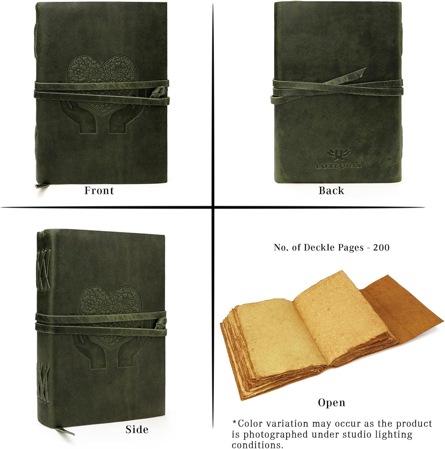 LUXEORIA Heart Journal for Women and Men, Handcrafted Leather Journal for Writing Womens, Sketchbook, Travel Diary with Unlined Deckle Paper, Dark Green 7x10