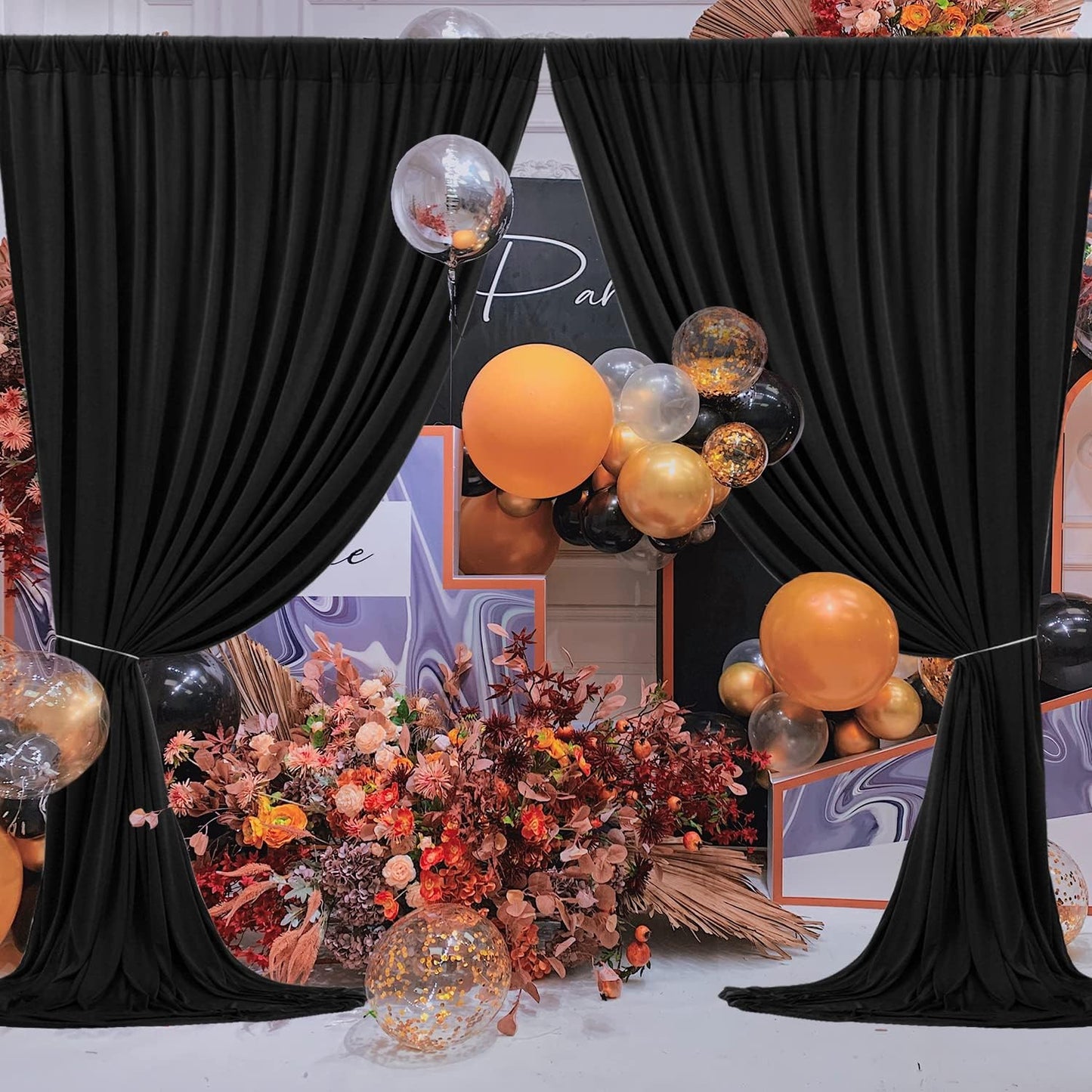 30 ft x 10 ft Wrinkle Free Black Backdrop Curtain for Parties, 6 Panels 10ft Polyester Black Photo Backdrop Drapes for Graduation Birthday Wedding Party Stage Curtains, Thick Bulk Background Curtains