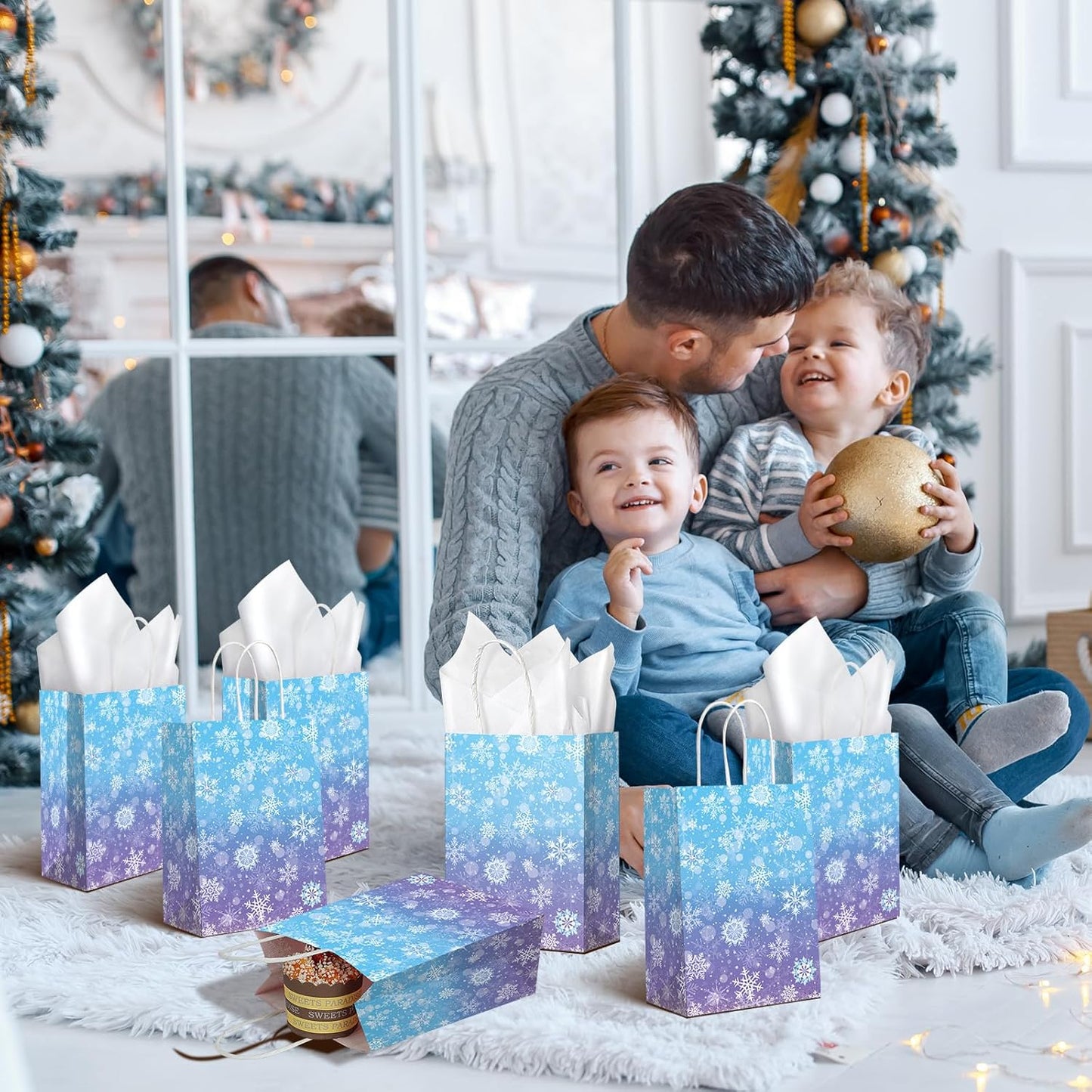 24 Pcs Winter Snowflake Gift Bags, Blue and Purple Snowflake Goodie Bags Bulk with 24 Tissue Paper, Holiday Kraft Paper Party Favor Bags with Handles for Birthday Christmas Winter Wonderland