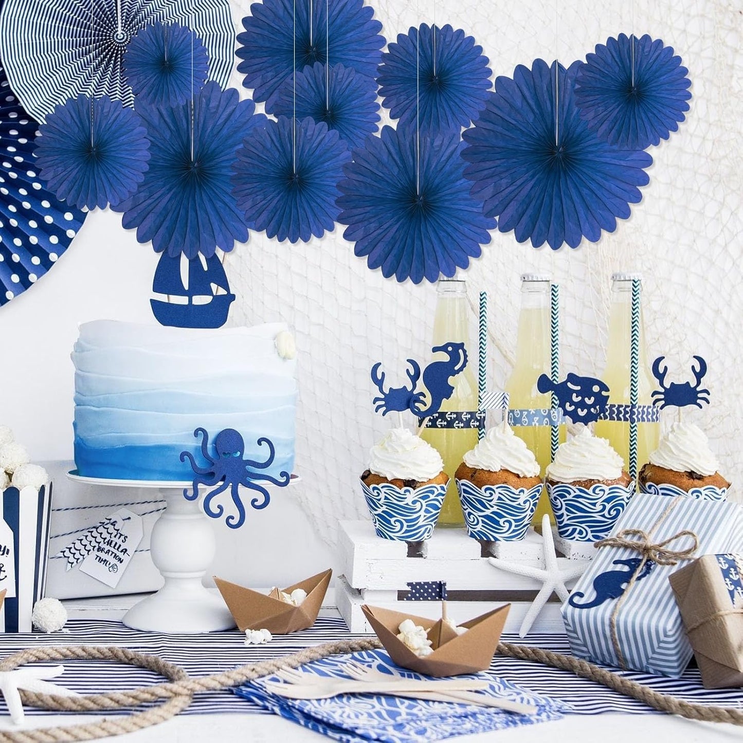 20 Pcs Navy Blue Hanging Paper Fan, Hanging Honeycomb Round Paper Fans for Weddings, Birthdays, Easter, Baby Showers, Classroom, Events Ceiling Party Supplies Decorations