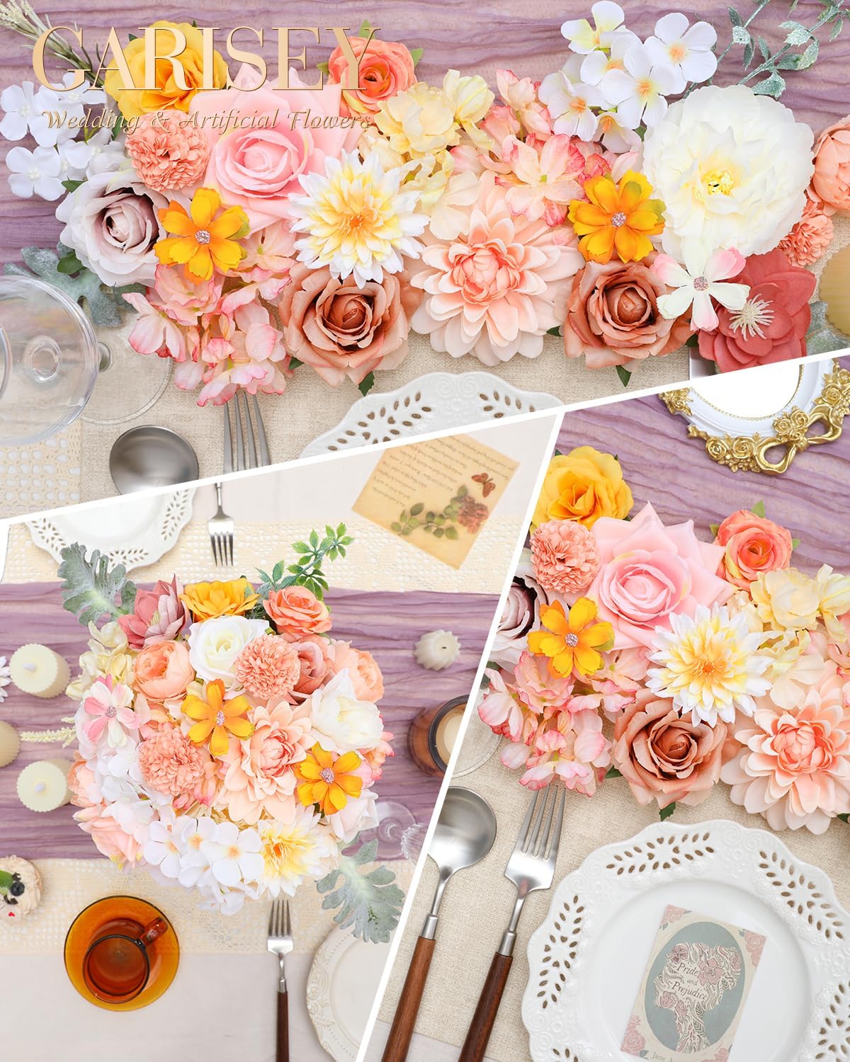 Artificial Flowers Combo, Mix Silk Flowers Roses, Peonies, Dahlias with Stems for DIY Wedding Bridal Bouquet, Baby Shower, Table Centerpieces, Home Decor, Floral Arrangements-Champagne Powder