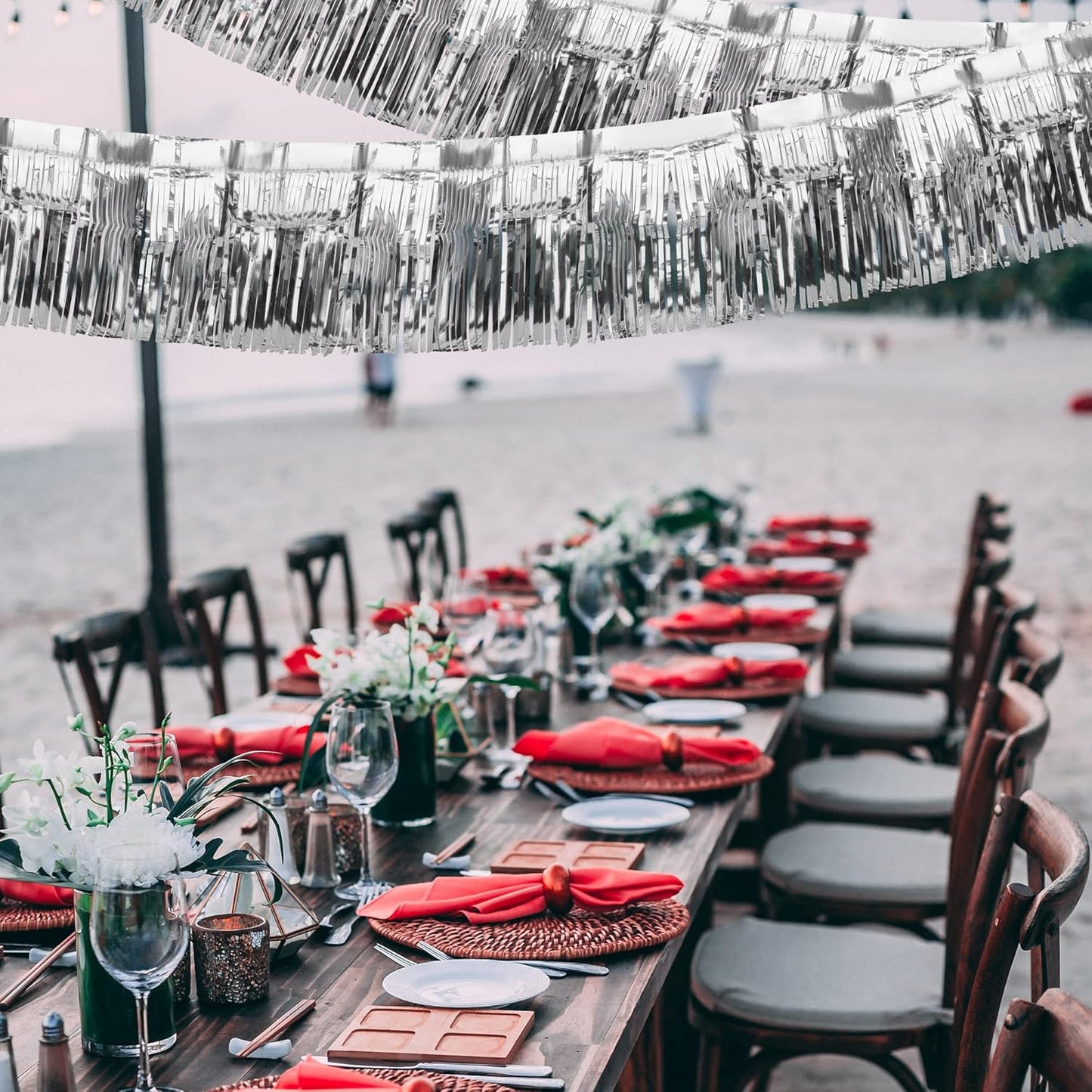 4 Pack Iridescent Fringe Curtains, Metallic Foil Fringe Garland Wall Hanging Drapes Tassel Foil Float for Parade Trailer, Birthday Holiday Outdoor/Indoor Party Decoration (Silver)