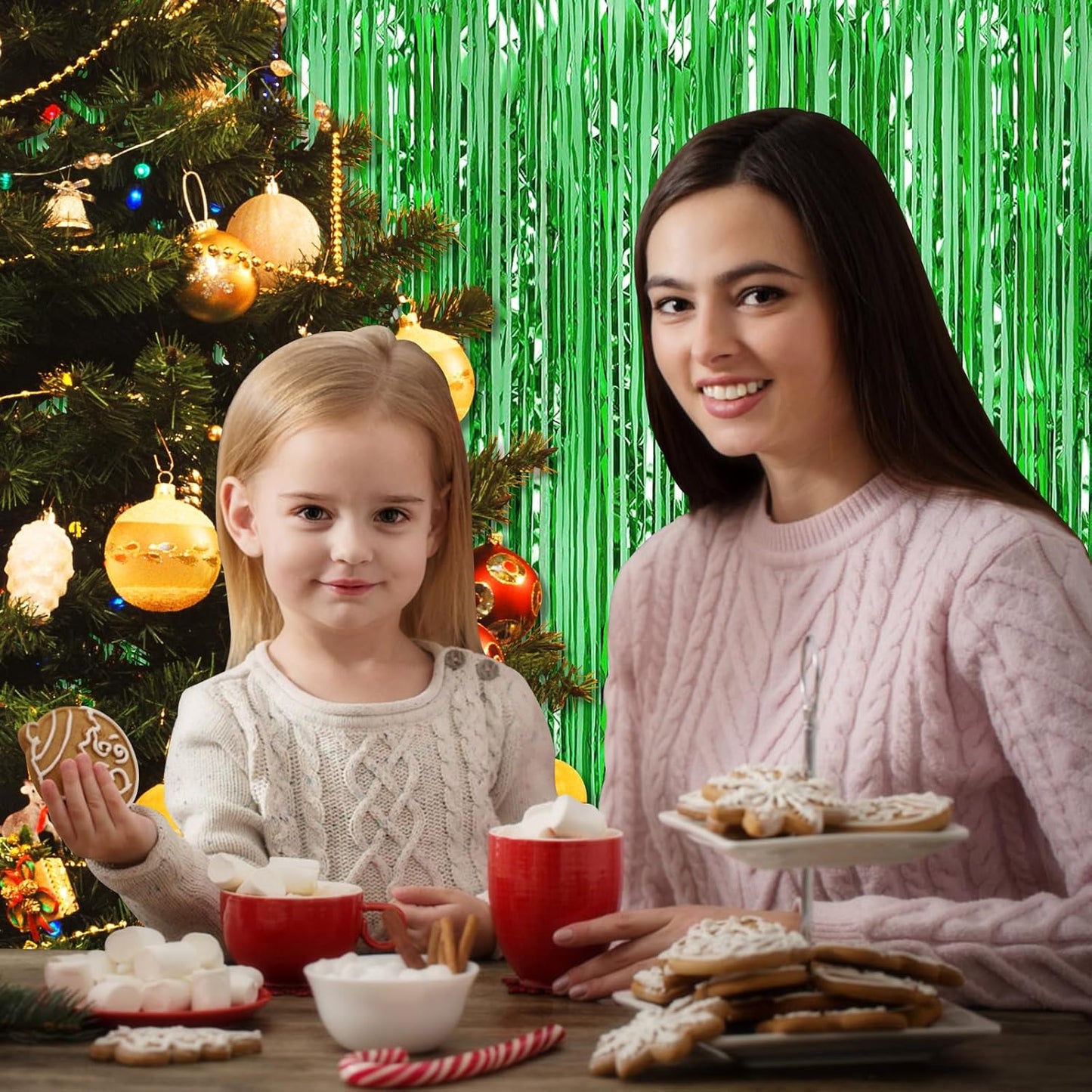 10 Pack Green Foil Curtain Backdrop 3.2ft x 9.8ft Metallic Tinsel Foil Fringe Curtains Streamer Photo Booth Backdrop for Birthday Party Engagement Bachelorette Party Decorations (Green)