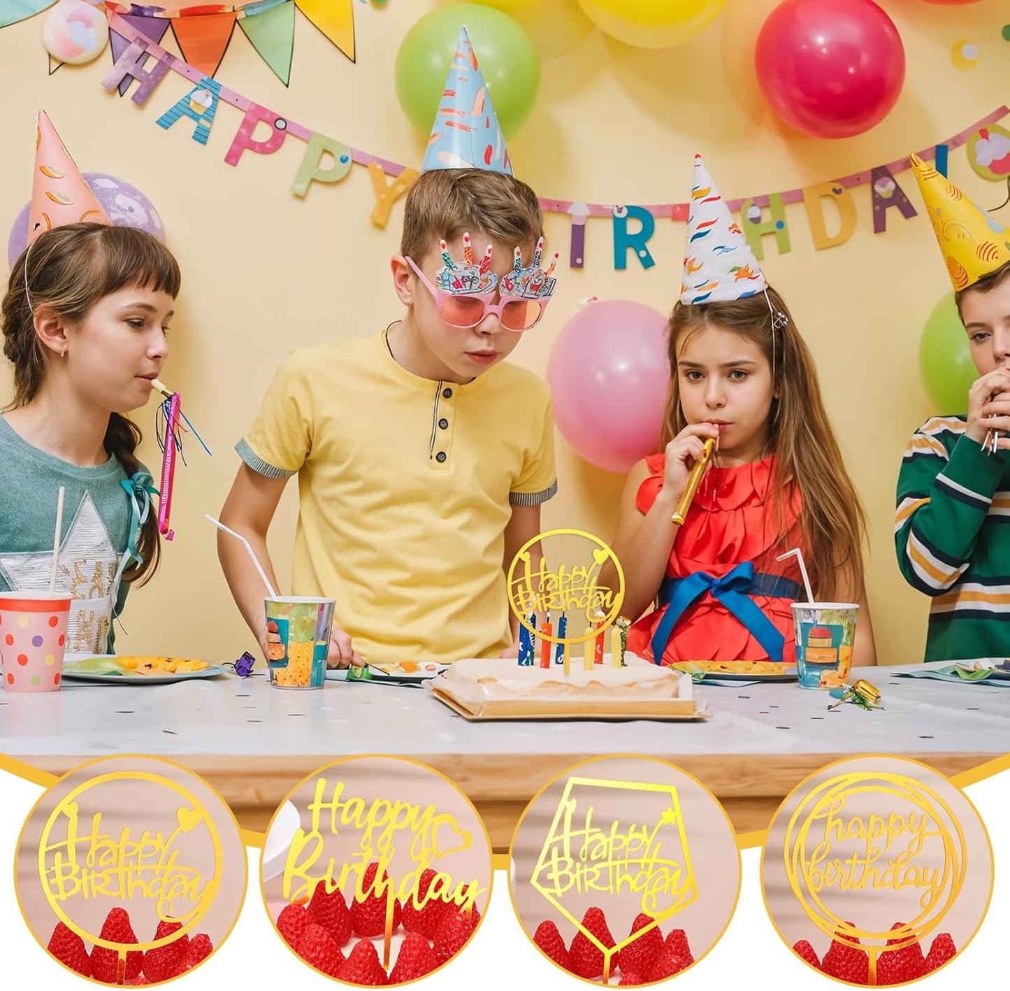 100 Pcs Gold Happy Birthday Cake Toppers Gold Acrylic Cake Topper Glitter Birthday Cake Decorations Double Sided Cake Topper for Children Supplies Accessories Decorations Figurines Ornaments