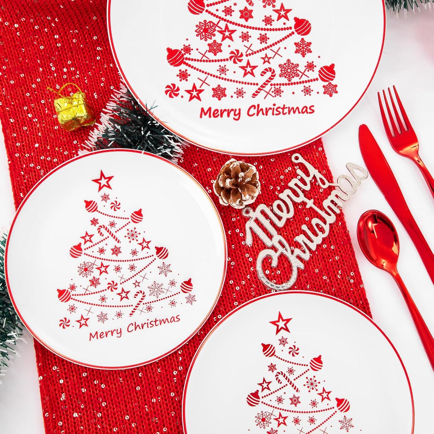 Supernal 150pcs Christmas Dinnerware - Plastic Plates, Cups, Silverware with Red Christmas Tree Pattern for Party and New Year