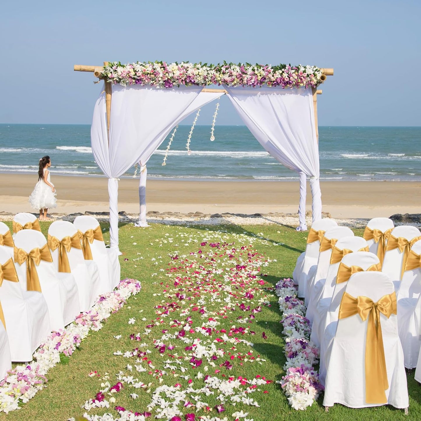 50 PCS Gold Satin Chair Sashes Bows Universal Chair Ribbon Ties Back Sash for Wedding Party Reception Events Banquets Hotel Event Chair Cover Decoration (7x108 inch)