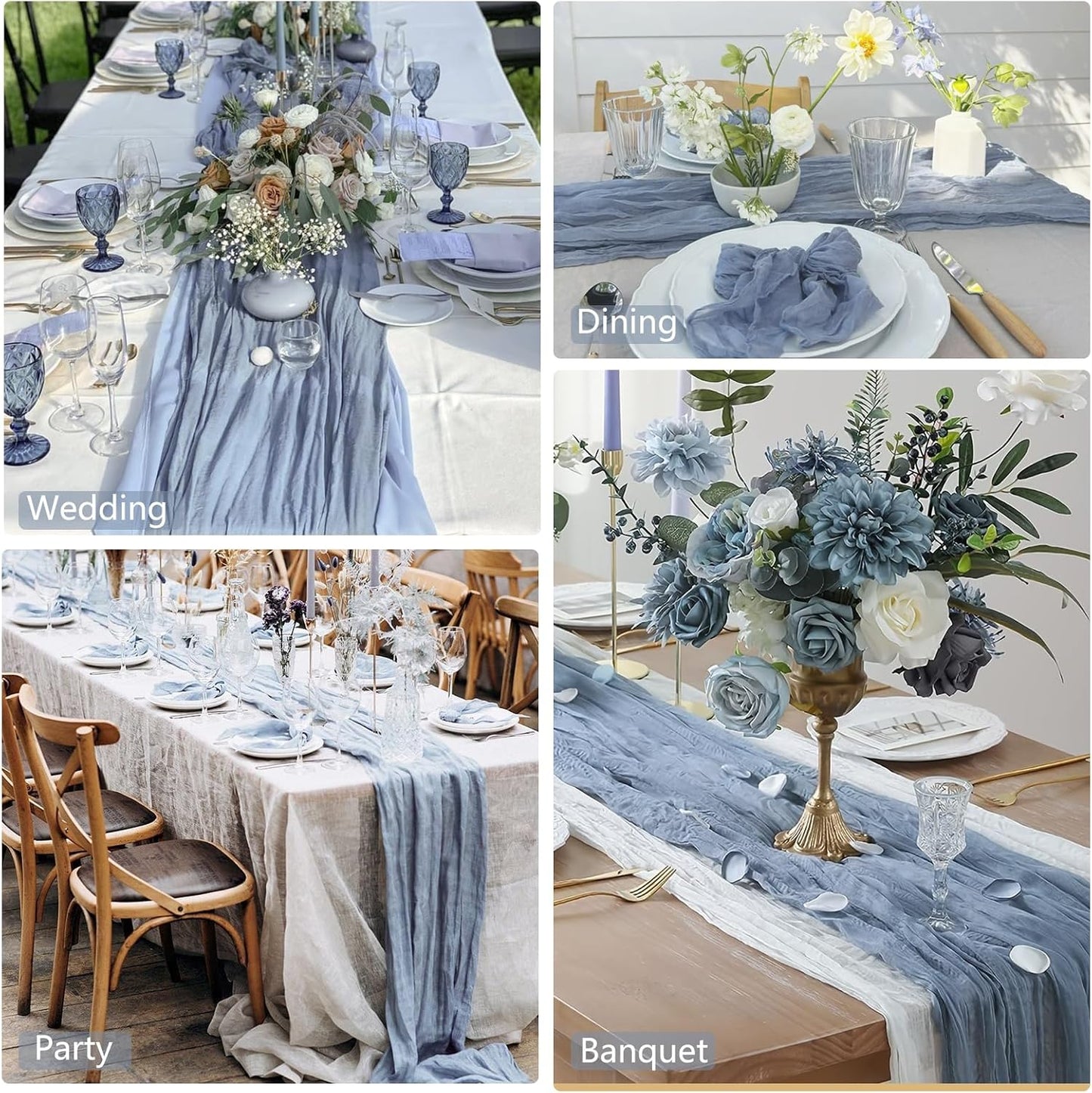 12 Pack Dusty Blue Cheesecloth Table Runner 20 x 120 inch Gauze 10FT Semi Sheer Boho Fabric Cheese Cloth Table Runner for Wedding Party Birthday Baby Bridal Shower