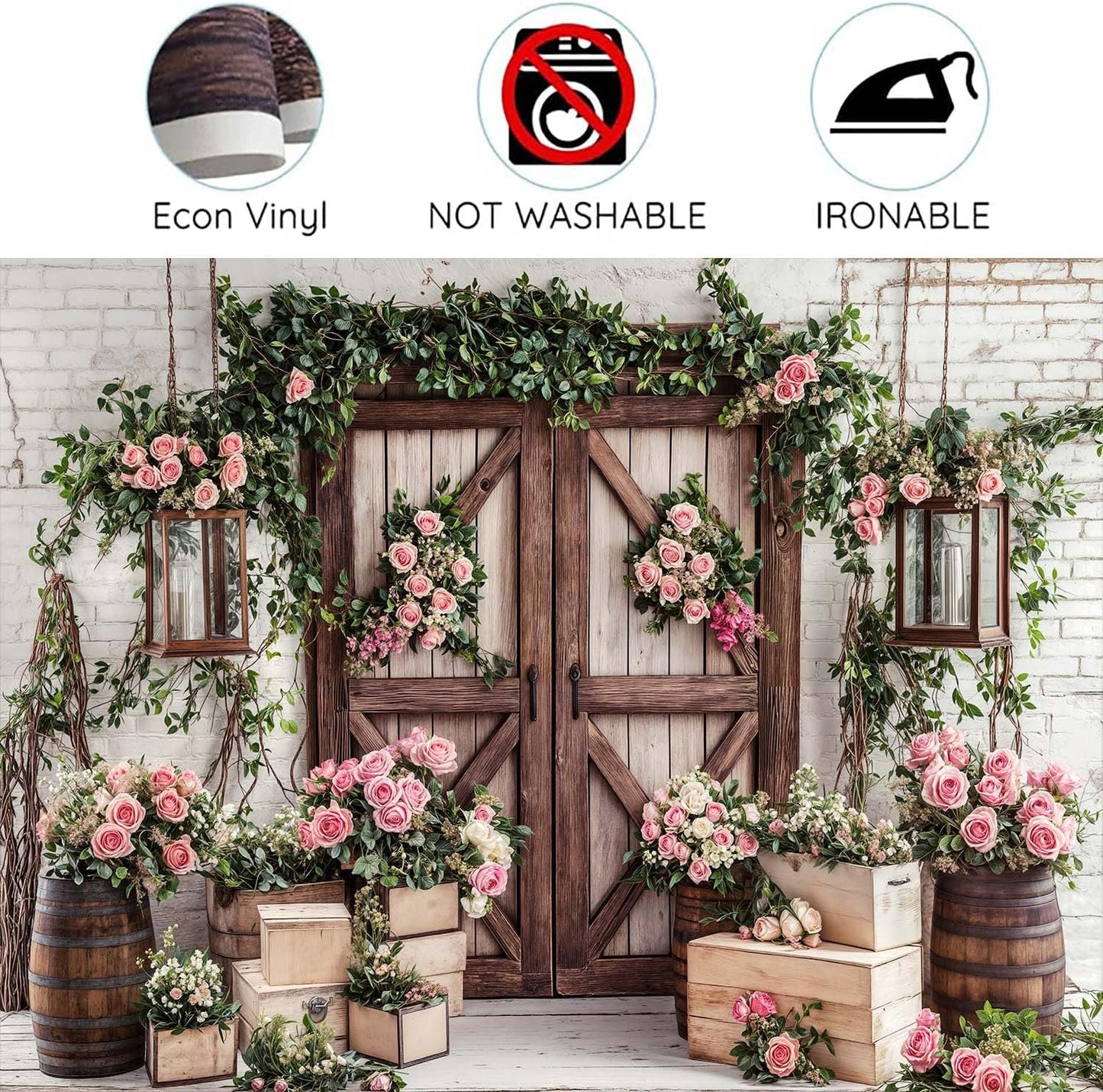 5x4ft Country Wedding Photography Backdrop Floral Rustic Roses Farmhouse Wooden Door Backdrop Pink Flower Birthday Baby Shower Wedding Bridal Party Banner Photo Booth Props Anniversary Background