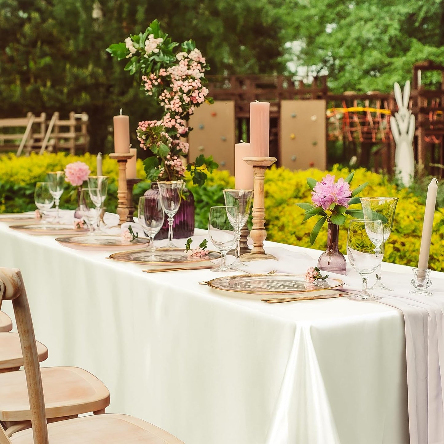 TURSTIN 4 Packs Satin Tablecloth 102 x 58 Inch Overlay Satin Table Cover Rectangle Bright Silk Tablecloth Smooth Fabric Table Decoration for Wedding Banquet Party Events, Ivory