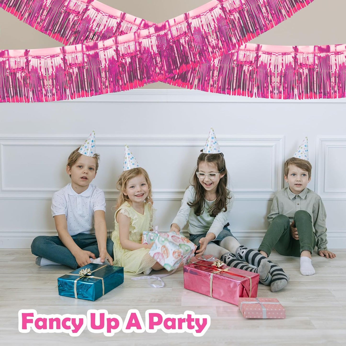 4 Pack Float Fringe Curtains, Metallic Foil Fringe Garland Shiny Tassel Foil Float Parade Float Decorations for Trailer Car Graduation Homecoming Valentine Outdoor Indoor Party (Pink)