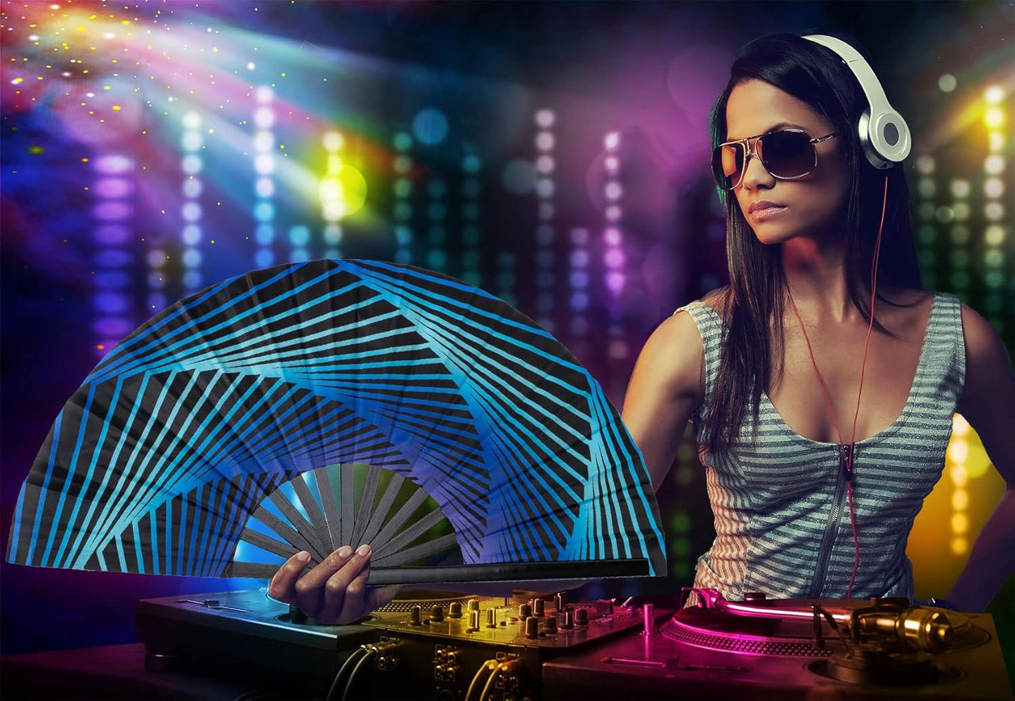 Amajiji Large Folding Hand Rave Fan Popping Fan for Line Dancing Clacking Fans for Boots On The Ground Dance,Party,Decoration,Festival (Geometric Illusion)