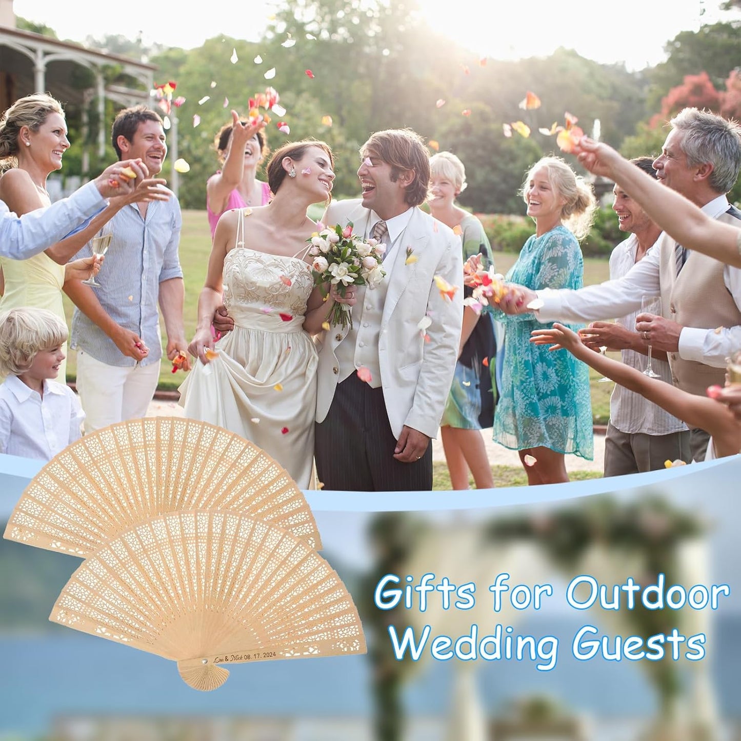 100Pcs Wedding Fans Personalized Folding Hand Fans Custom Sandalwood Wedding Fans with Organza Bags Wedding Party Favor Wedding Fans for Guests (200)