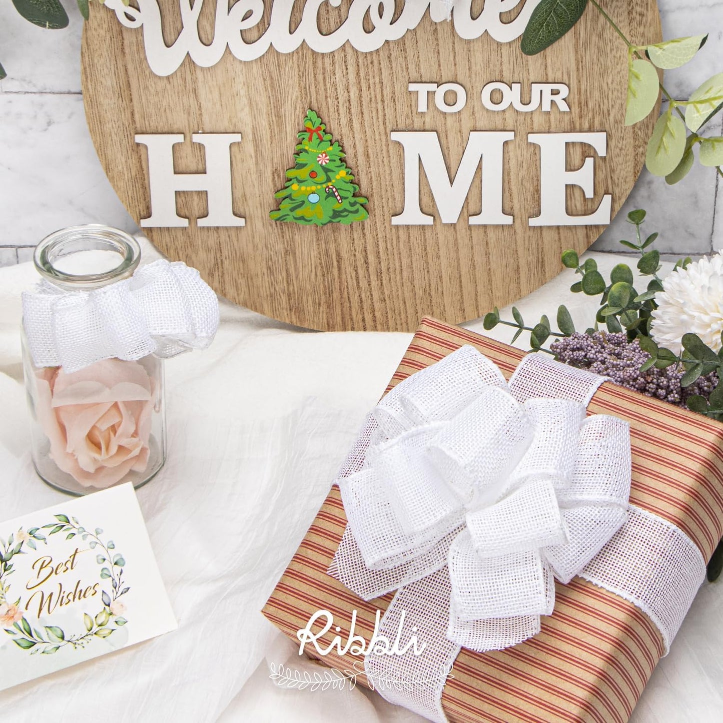 Ribbli White Burlap Wired Ribbon, 1-1/2” Inch x Continuous 20 Yard, White Wired Ribbon for Wreaths,Big Bows,Tree Decoration,Outdoor Decoration