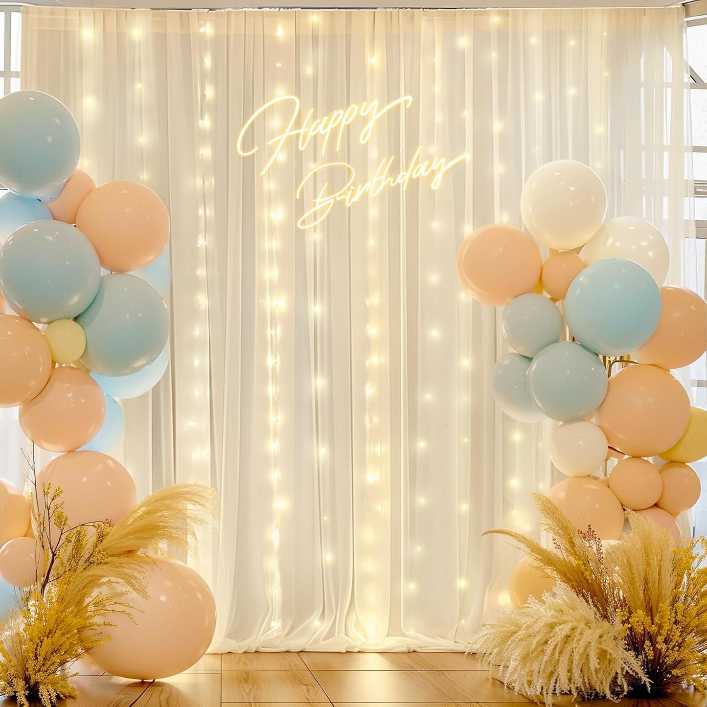 10ft x 10ft Ivory Chiffon Backdrop Curtain with Lights String for Parites Wedding Wrinkle Free Curtain Photo Backdrops Drapes for Baby Shower Birthday Party Home Decorations