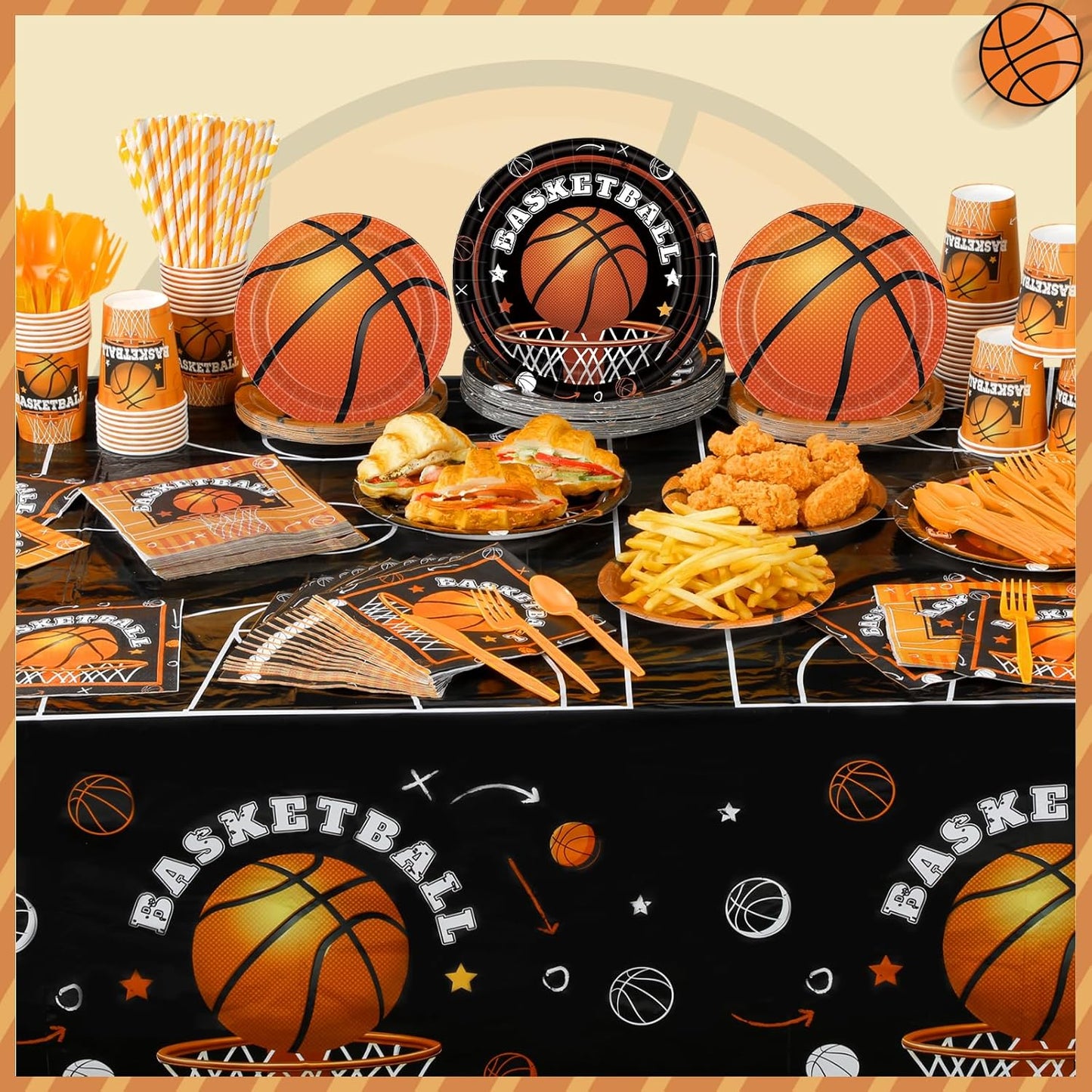 452 Pcs Basketball Party Decorations for 50, Basketball Paper Plates and Napkins Cups Tablecloth Cutlery Straws Disposable Tableware Set for Sports Themed Birthday Team Party Supplies