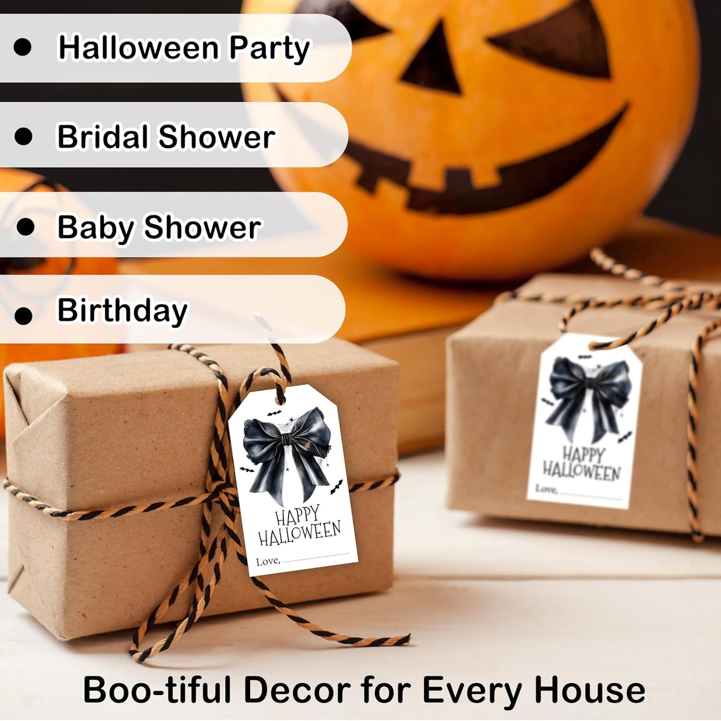 50 Pcs Halloween Tags with String, 2.1"×3.5" Bowknot Paper Gifts Tags, Bat Trick or Treat for Candy, Spider Happy Halloween Gifts Tag Wrap for Party Favor - B06