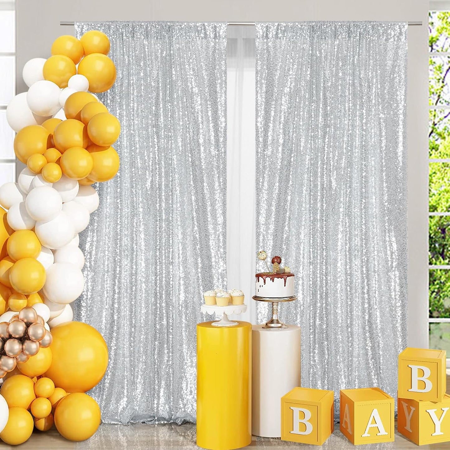 Poise3EHome 4x8ft Silver Sequin Backdrop, Upgrade Shimmer Backdrop for Wedding Christmas Decor, Party Photo Booths, and Event Decorations