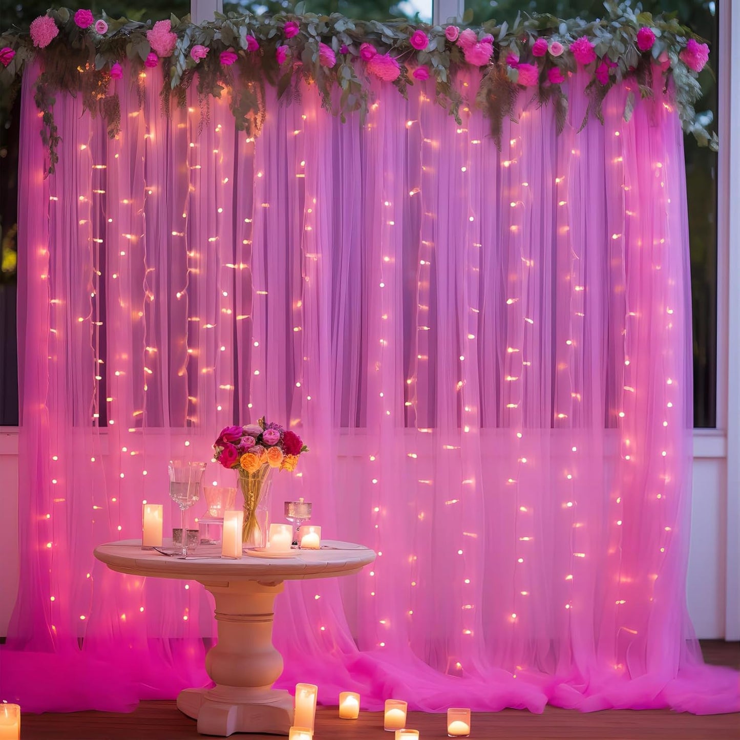 10×10ft Hot Pink Tulle Backdrop Curtain with Lights String for Parties, Sheer Photo Backdrop Curtains for Wedding Party Photography Background
