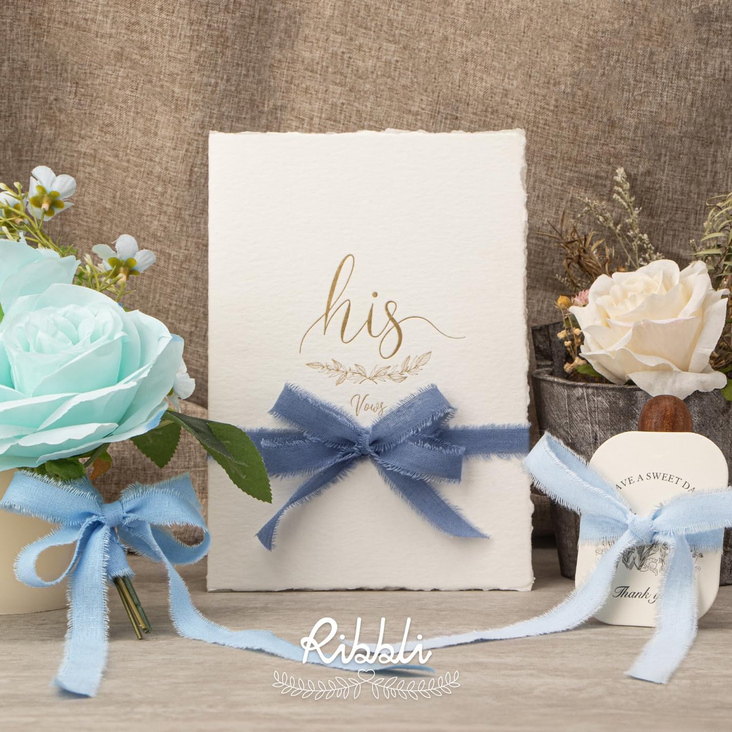 Ribbli 3 Rolls Blue Ribbon 5/8 Inch x 18Yards Light Blue Baby Blue Dusty Blue Handmade Cotton Frayed Fringe Ribbons for Gift Wrapping Wedding Invites Bridal Bouquets Baby Shower DIY Crafts Home Decor