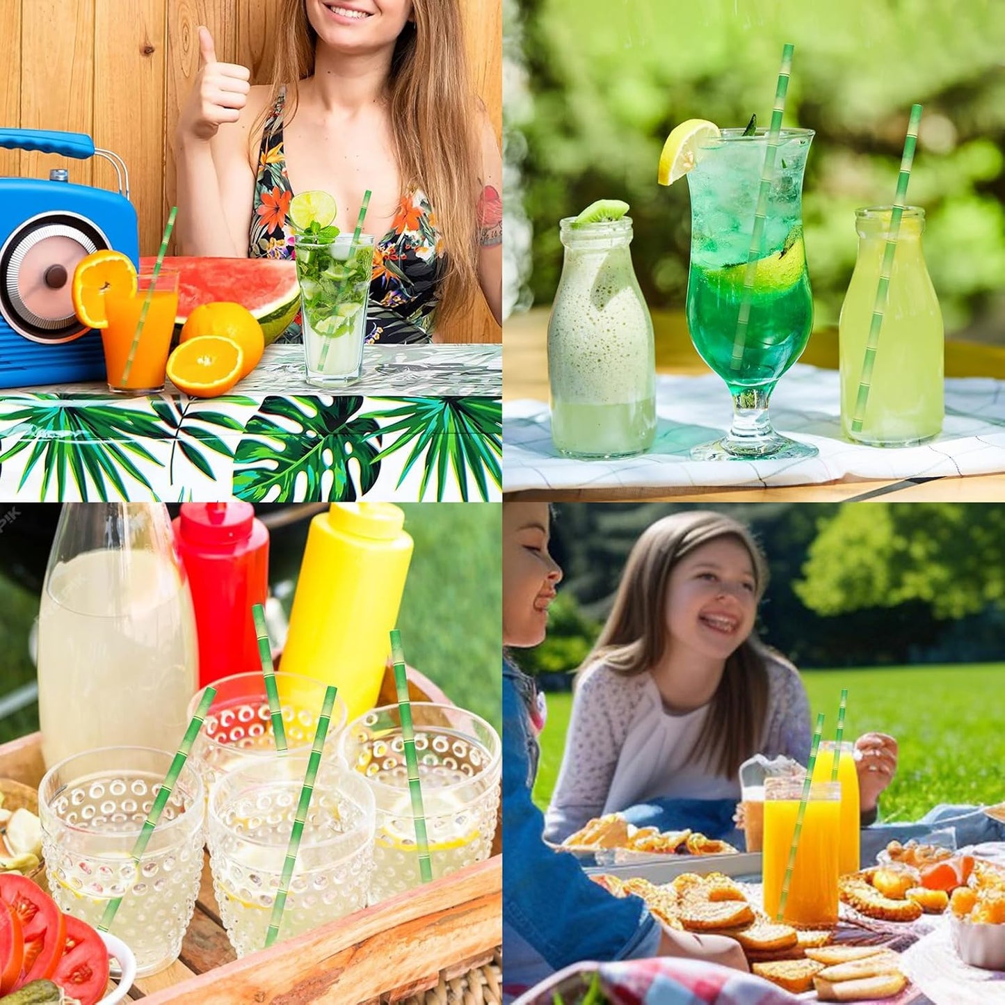 Paper Straws for Drinking Green Bamboo, 7.75" x 0.24" - for Cocktail, Juice, Iced Tea, 100% Biodegradable