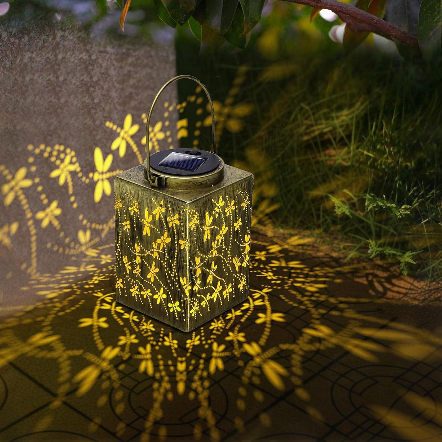 2 Pack Solar Lanterns - Waterproof Metal Hanging Solar Lights Outdoor Decorative, Solar Powered LED Lamp for Patio Tabletop Porch Deck Yard Garden Decor for Outside (Dragonfly)