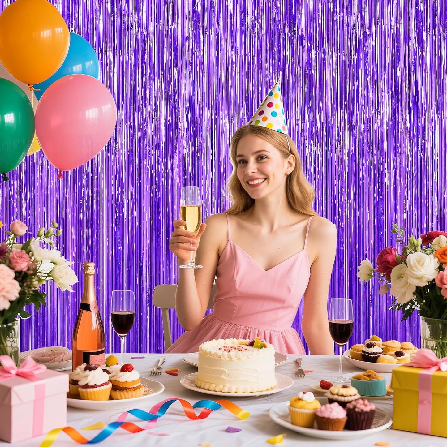 Purple Foil Curtain Backdrop, 2Pack Metallic Tinsel Foil Fringe Curtains Photo Booth Props for Birthday Wedding Engagement Bachelorette Baby Shower Christmas Holiday Celebration Party Decorations