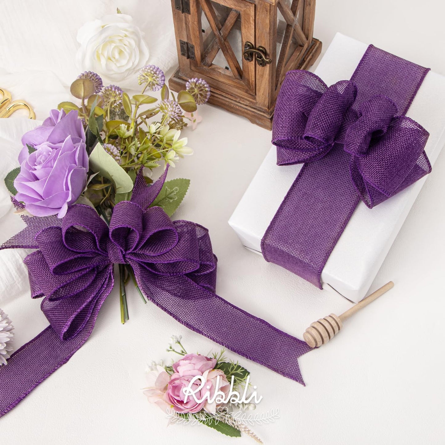 Ribbli Dark Purple Burlap Wired Ribbon,1-1/2 Inch x 10 Yard, Wired Edge Ribbon for Big Bow,Wreath,Tree Decoration,Outdoor Decoration