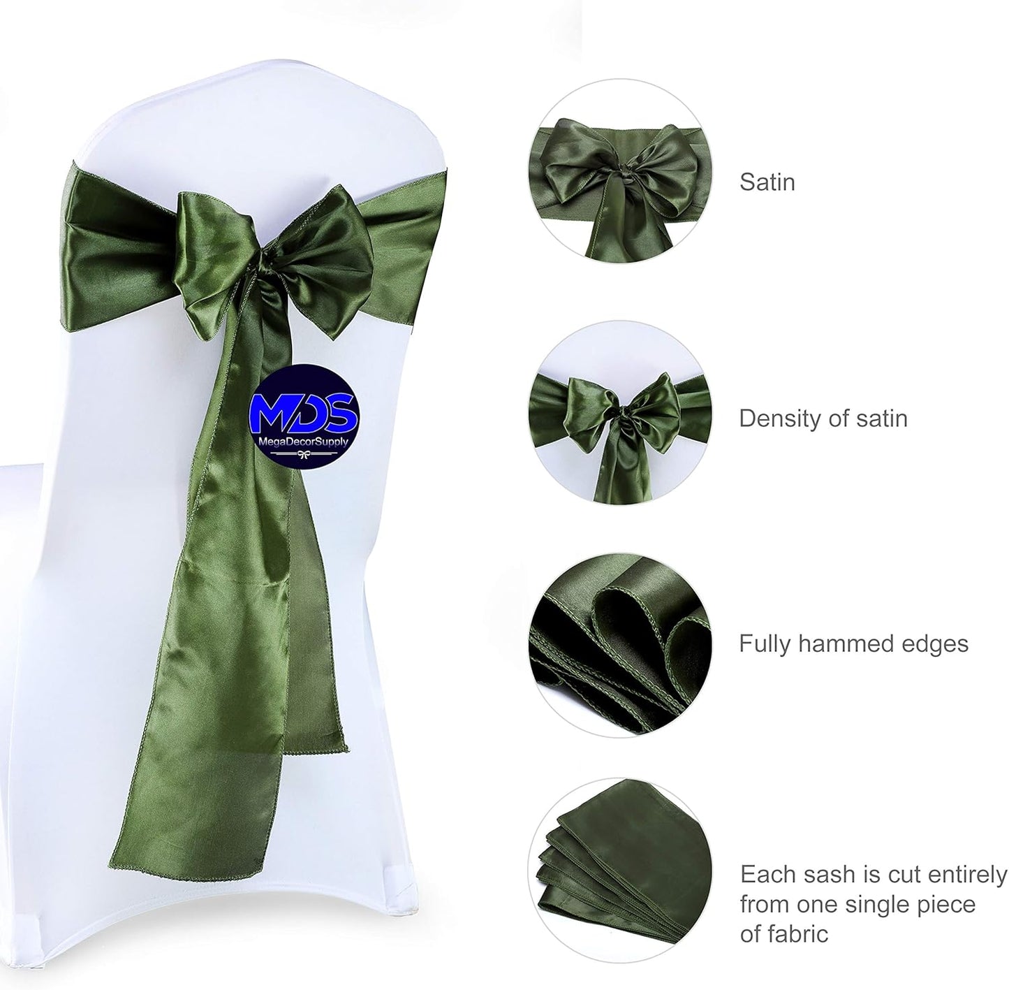 MDS Pack of 300 PCS Satin Chair Sashes Charmeuse Sateen Dining Chair Bows Ribbon Ties Back Sash for Wedding Party Birthday Home Hotel Restaurant Banquet Decoration (7 x 108 Inch, Olive Green)