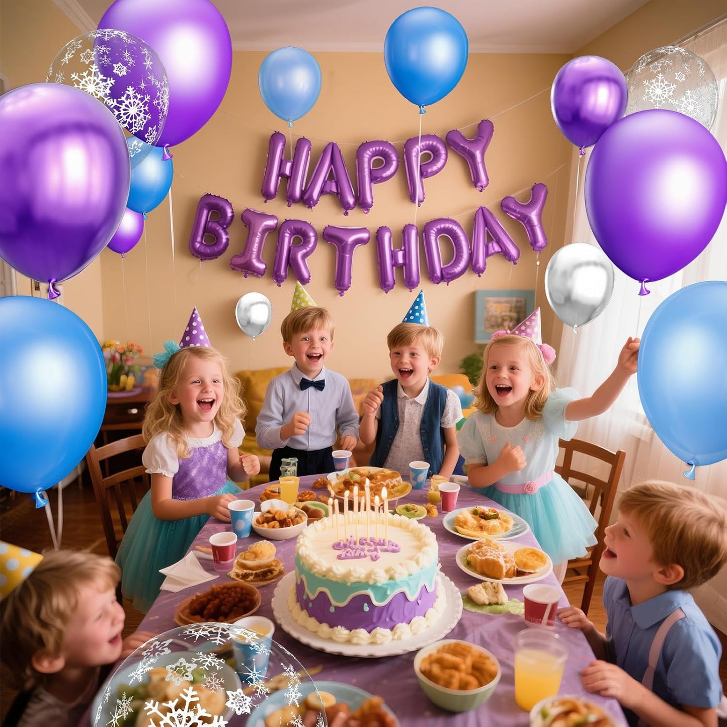 68Pcs Purple and Blue Party Balloons Kit 12 Inch Pearl Light Blue Metallic Purple Silver Snowflake Balloons with Ribbons for Winter Theme Birthday Wedding Girls Party Decorations.