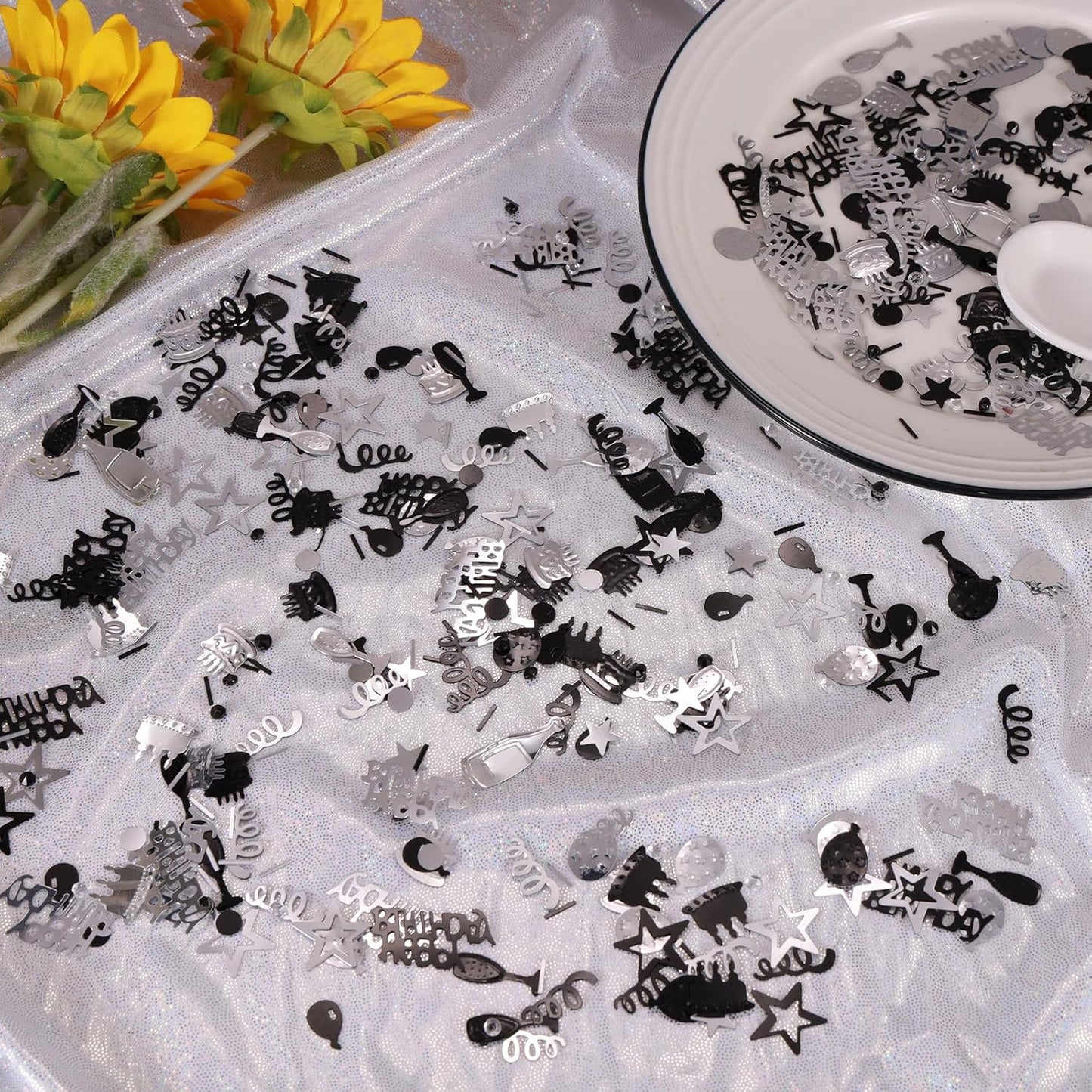 Silver and Black Happy Birthday Confetti, 3000 Pcs Birthday Cake Table Metallic Foil Confetti Party Table Decor for Party, Baby Shower, DIY Arts and Crafting