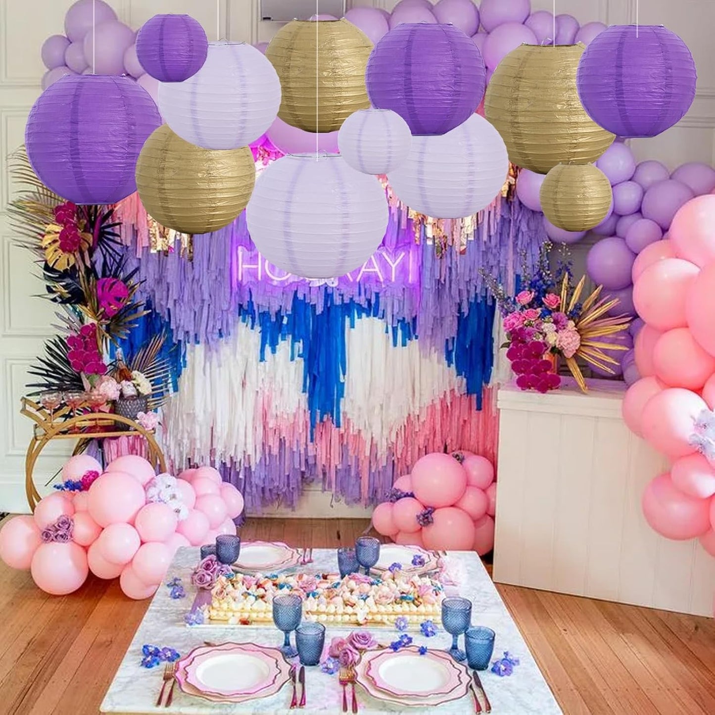 BEISHIDA 16 Pcs Purple Gold Paper Lanterns,Hanging Decorative Chinese Japanese Round Paper Lantern Lamp for Graduation Bachelorette Birthday Party Decoration