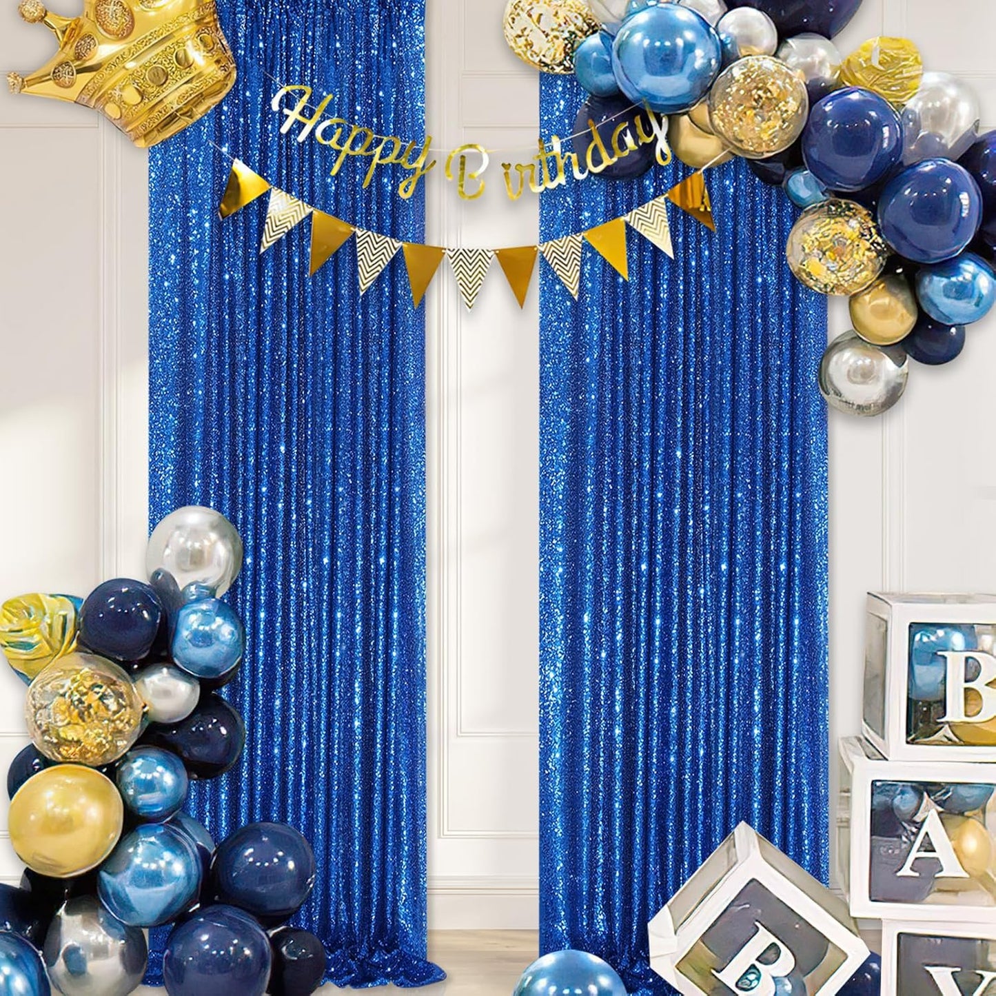 Glitter Backdrop Curtains Royal Blue Sequin Background 3 Packs 2FT x 8FT Sequin Fabric Baby Shower Birthday Party Decorations