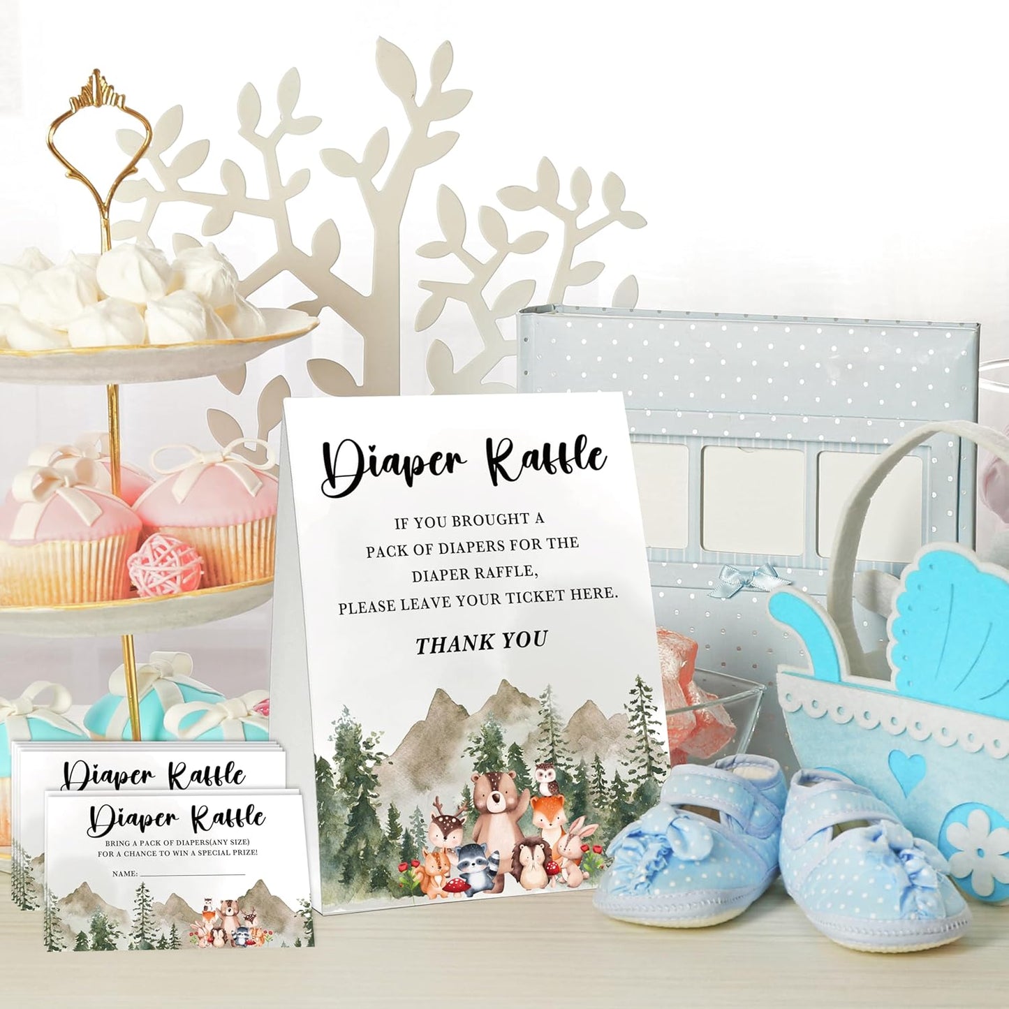 Woodland Baby Shower Game, Jungle Animal Safari 50 Diaper Raffle Tickets with 1 Standing Sign for Gender Neutral Shower - A04