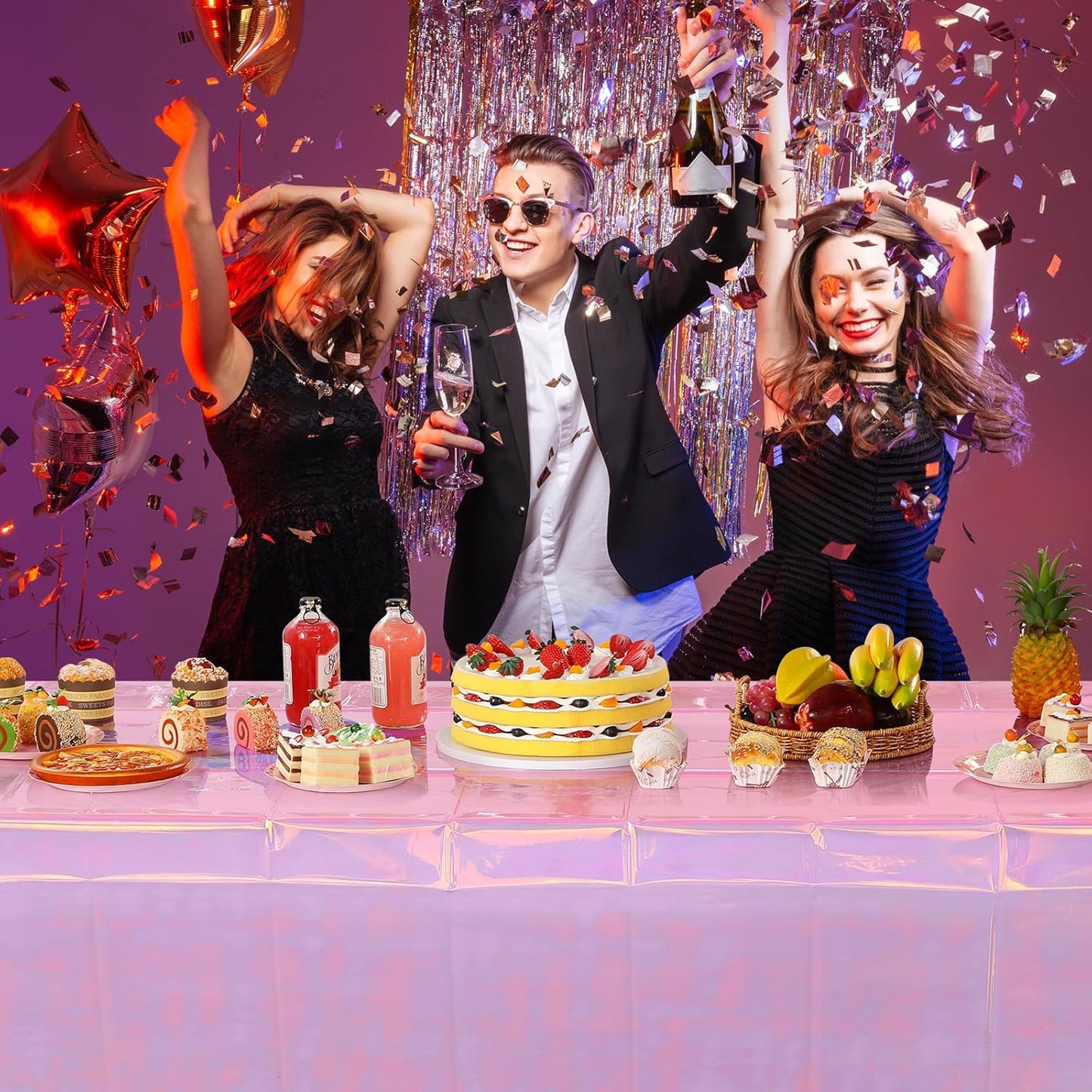 3 Pack Iridescent Plastic Tablecloth, Shiny Disposable Laser Rectangle Table Covers, Holographic Foil Tablecloth Party Decorations for Birthday Bridal Wedding Anniversary Party Supplies, 50 x 100 Inch