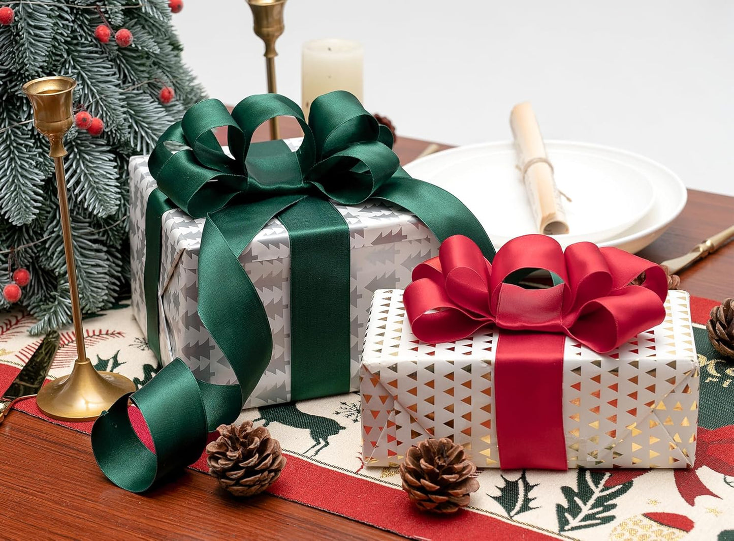 Red Satin Ribbon Double-Faced Wired Ribbons for Gift Wrapping Flower Bouquet Bows Wedding Invitation Christmas Decor Crafts 1-1/2 Inch 10 Yards