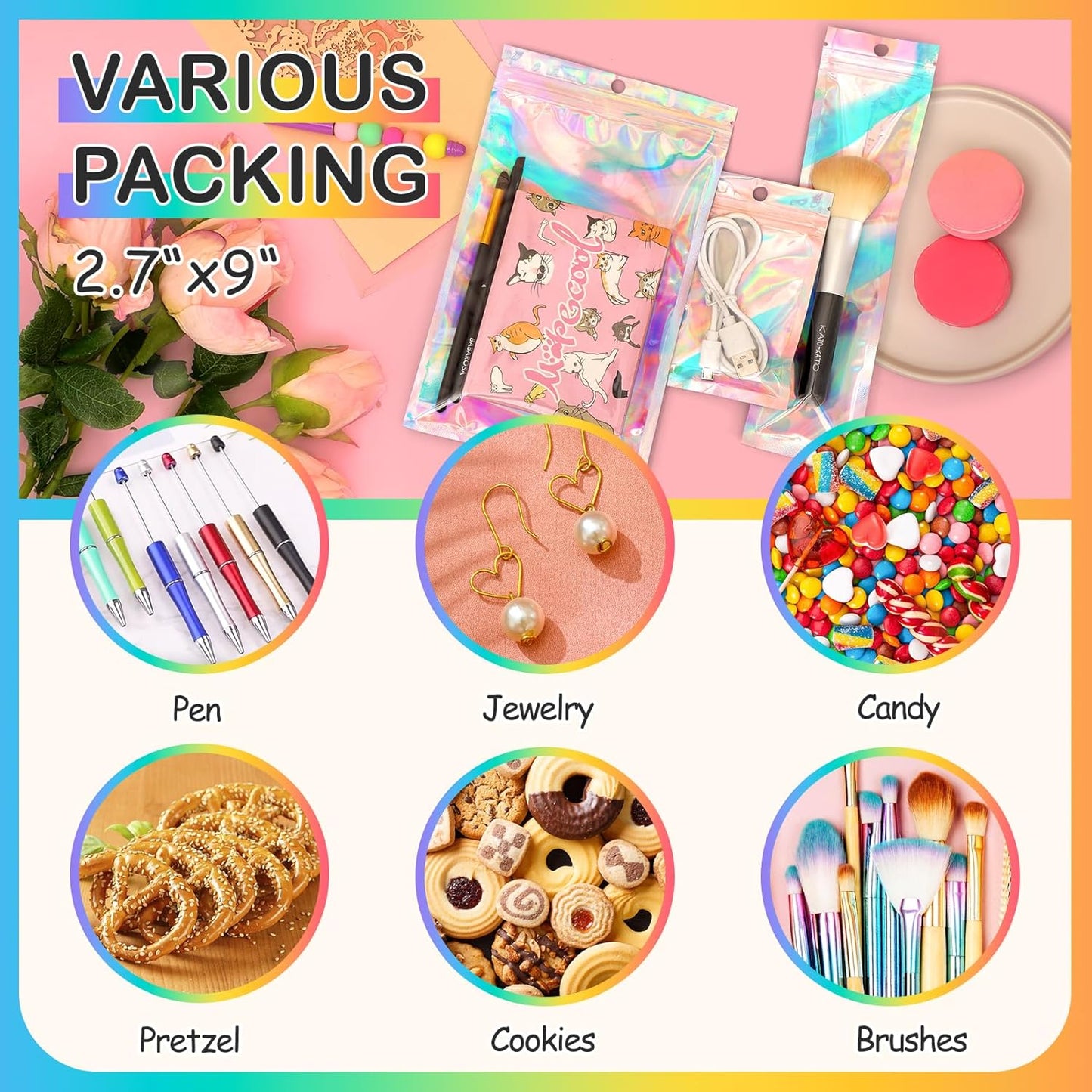 FUNFERY 100 Pack Holographic Bags Clear Window Resealable Bags for Candy Party Favor, Mylar Zipper Bag Stripping Foil Pouch Packaging Bag for Pen,Jewelry,Brushes Small Business Supplies(2.7x9in)