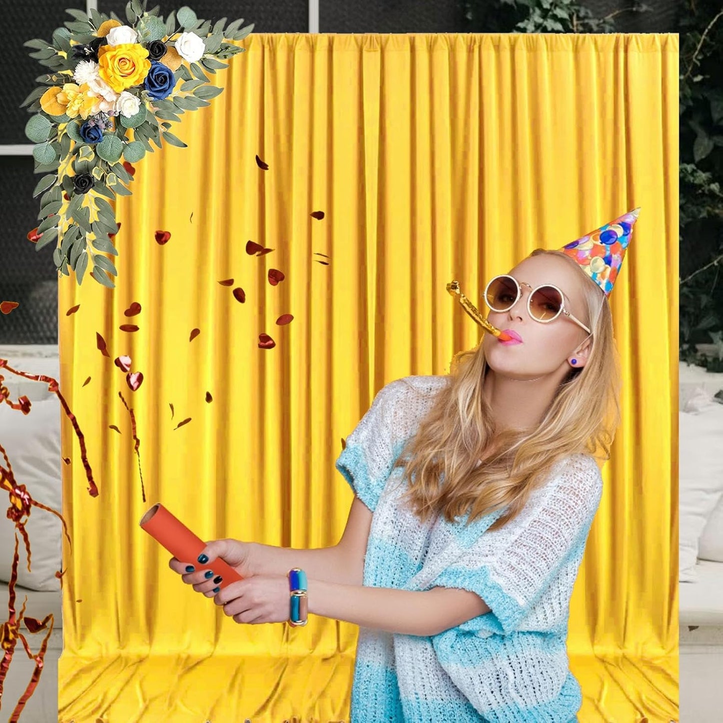 10 x 7 Feet Yellow Backdrop Curtain for Partie, Background Curtains for Photoshoot, Birthday, Wedding, Halloween, Thanksgiving, Christmas, New Year Party Decorations 5Ft x 7Ft, 2 Panels