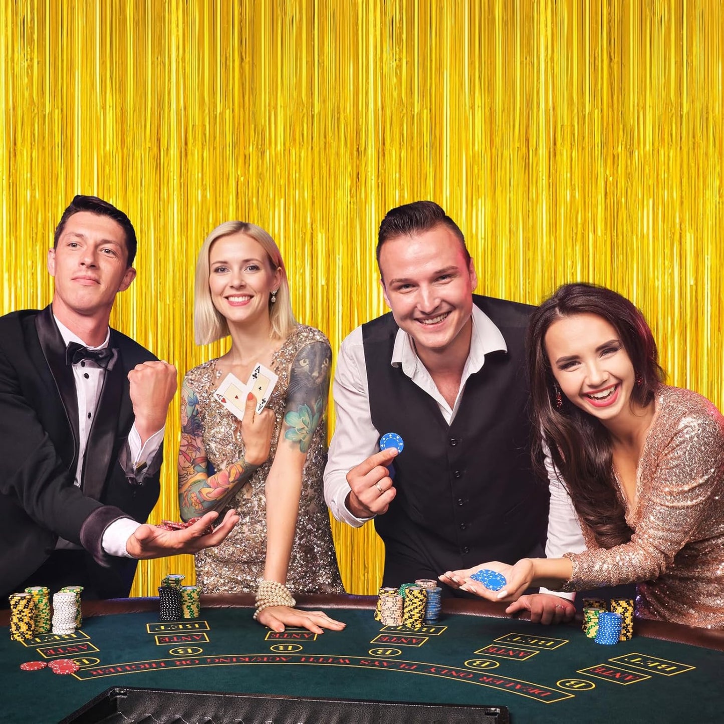 Gold Tinsel Backdrop Birthday Decorations, 2Pack Foil Curtain Backdrop Gold Streamers Dance Party Decorations Photo Booth Props for Bachelorette Decors Christmas Halloween New Years Eve Party Supplies