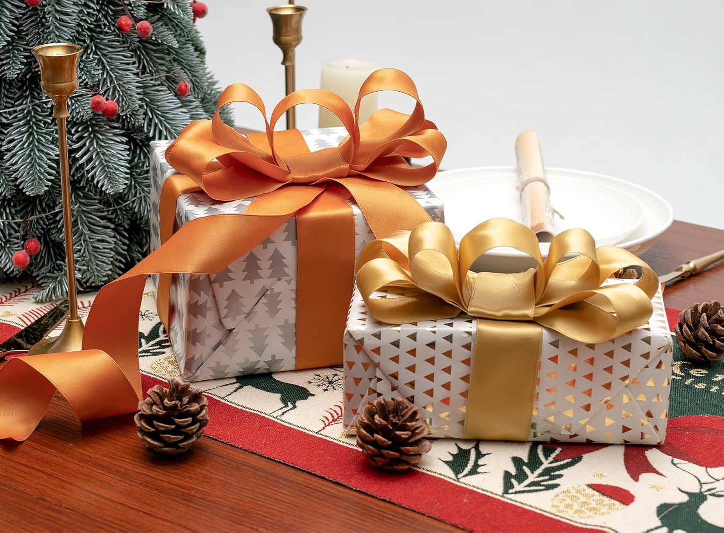 Gold Satin Ribbon Double-Faced Wired Ribbons for Gift Wrapping Flower Bouquet Bows Wedding Invitation Christmas Decor Crafts 1-1/2 Inch 10 Yards