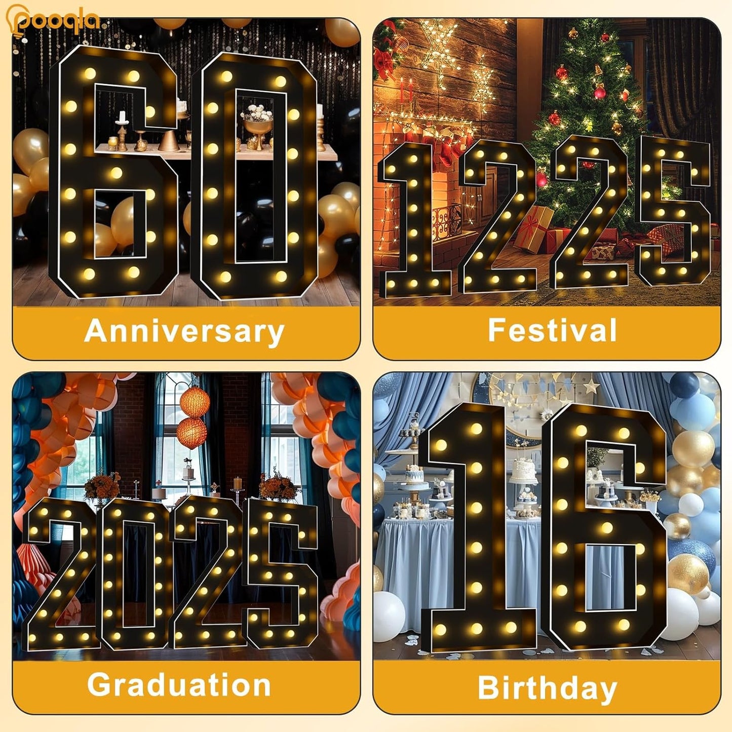Pooqla 4 FT Light Up Marquee Numbers, Black Marquee Number Lights 4 Feet Tall for 3rd 13th 30th Birthday, Giant Letter Big Mosaic Numbers for Balloons Party Anniversary Wedding Decorations, Number 3