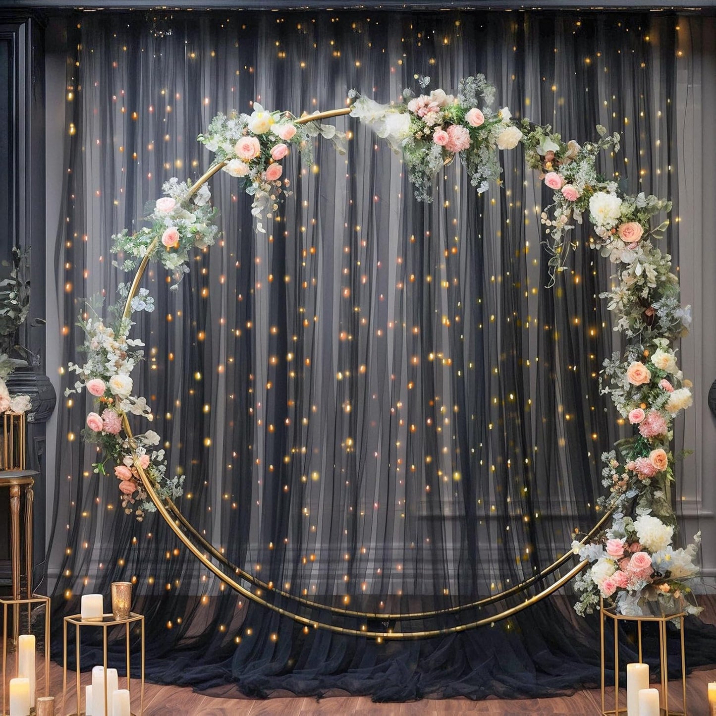 20×10ft Black Tulle Backdrop Curtain with Lights String for Parties, Sheer Photo Backdrop Curtains for Wedding Party Photography Background