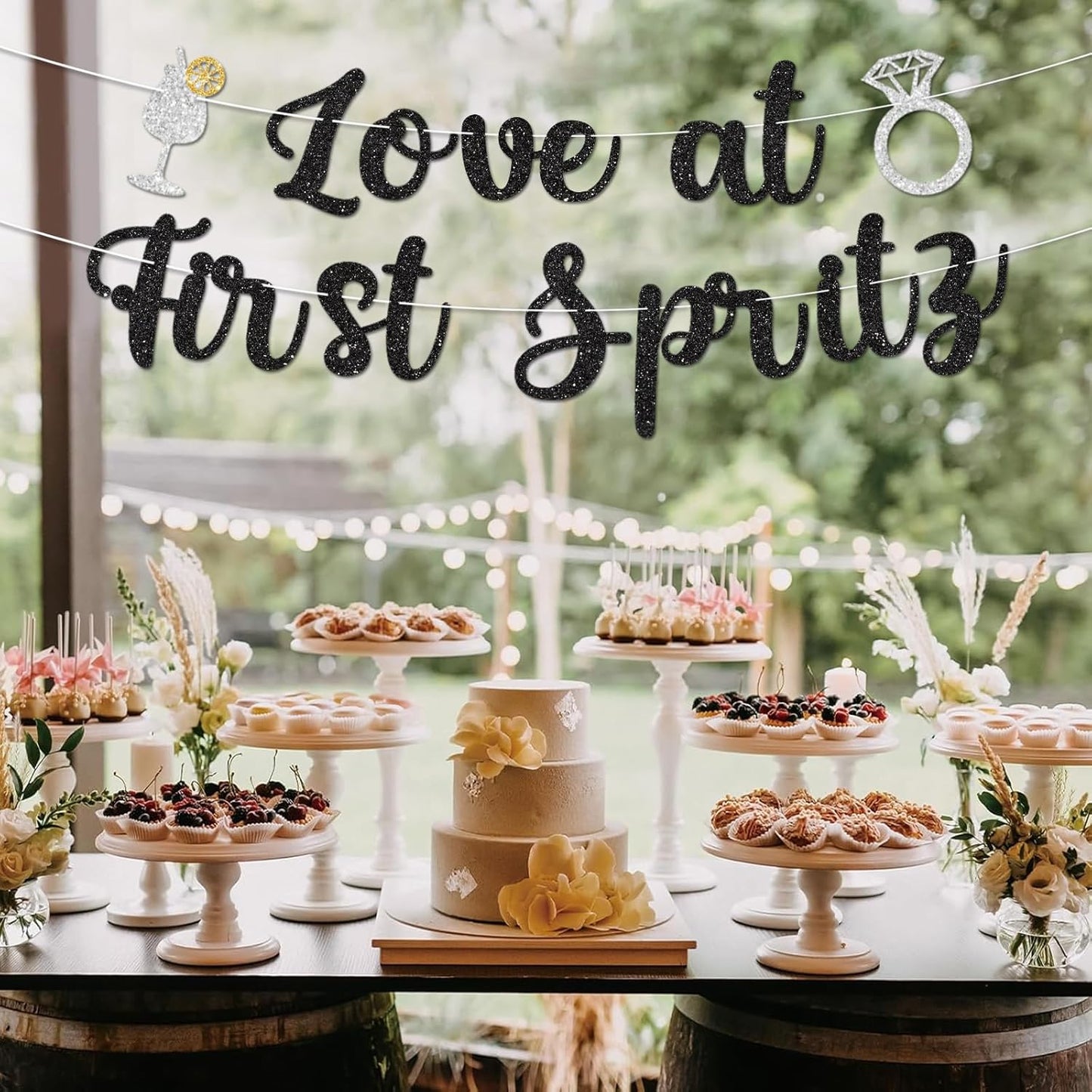 Love At First Spritz Wedding Banner - Bridal Shower Decorations, No Diy, Glitter Just Engaged Spritz Party Banners for Wedding/Engagement/Bachelorette Party Decorations Supplies, Black.
