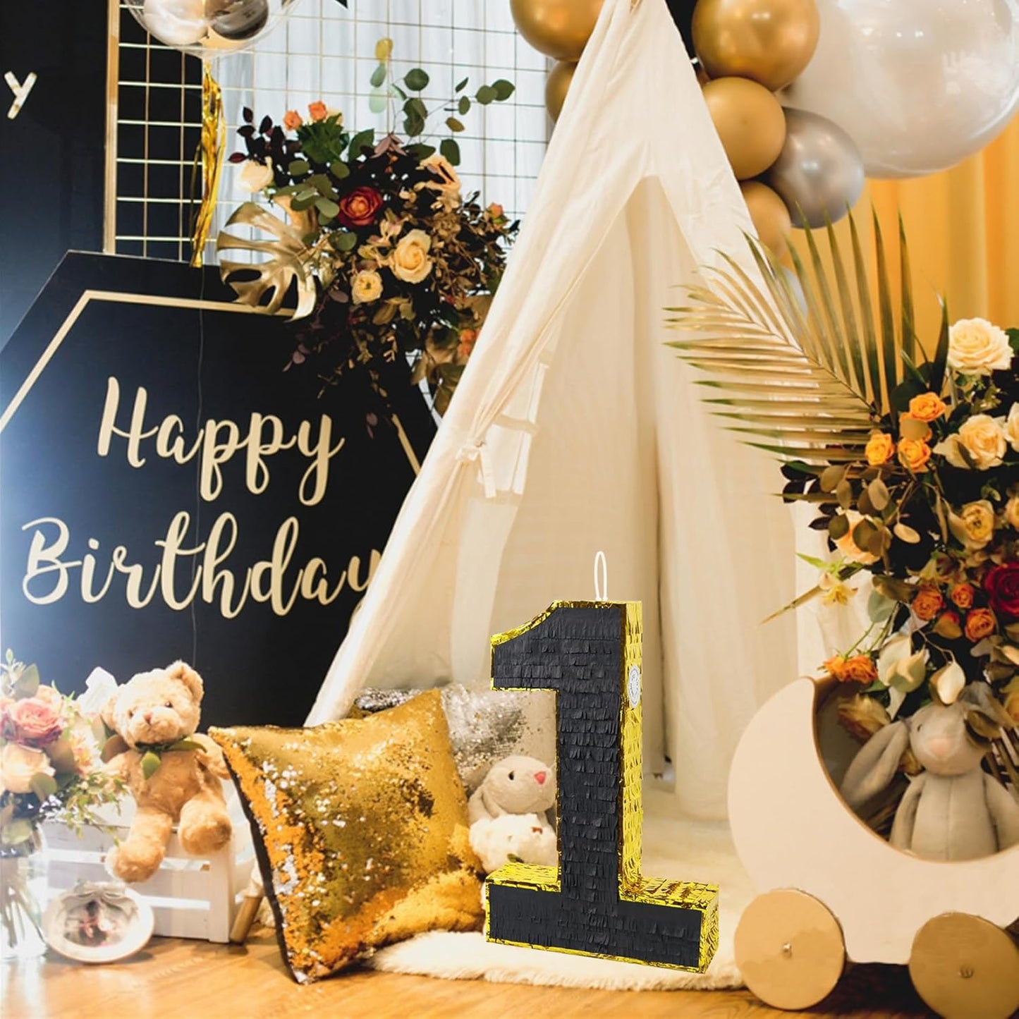 PCFING 20 Inch Number 1 Piñata Gold Black with 30 Inch Piñata Stick Blindfold Confetti for Man Women Boys Girls Birthday Party Decorations, Anniversary Celebration, Fiesta