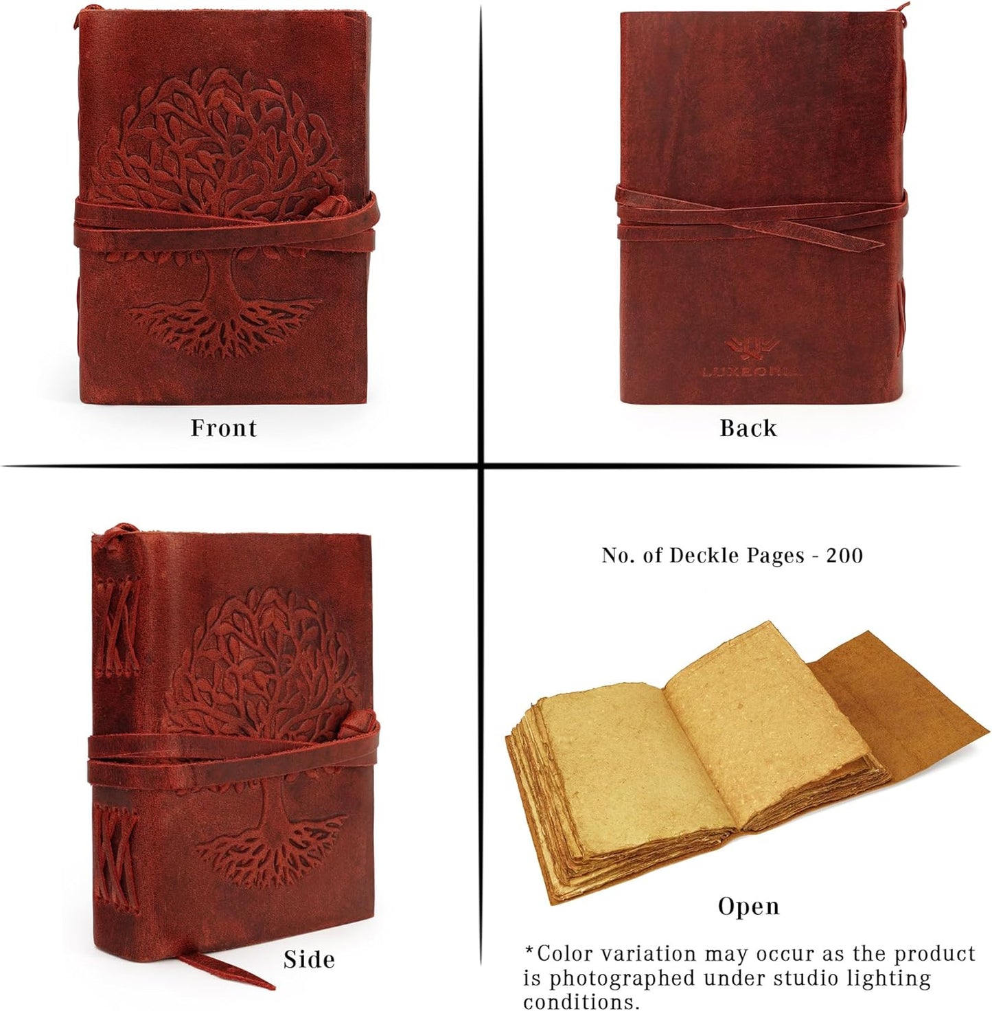 LUXEORIA Tree Of Life Leather Journal for Women and Men, Handcrafted Leather Journal for Writing Womens, Sketchbook, Travel Diary with Unlined Deckle Paper, Wine Red 5x7