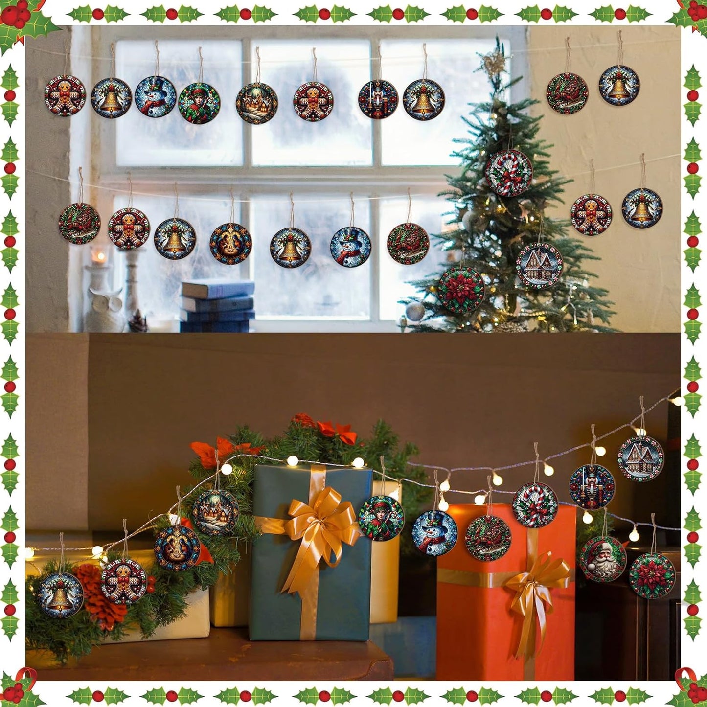 Suzile 36 Pcs Christmas Wooden Ornaments Vintage Christmas Decoration Oil Painting Round Ornaments Retro Santa Claus Gingerbread Man Hanging Decoration for Xmas Farmhouse Home Winter Party